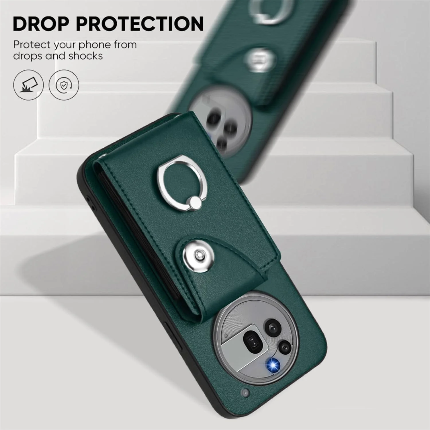 کیف محافظ چرمی تاشو با جای کارت برای تلفن Nothing Phone 3A Pro، حلقه استند 360 درجه، بند گردنی و بند شانه زنانه، سبز مایل به سیاه کیف محافظ چرمی تاشو با جای کارت برای تلفن Nothing Phone 3A Pro، حلقه استند 360 درجه، بند گردنی و بند شانه زنانه، سبز مایل به سیاه