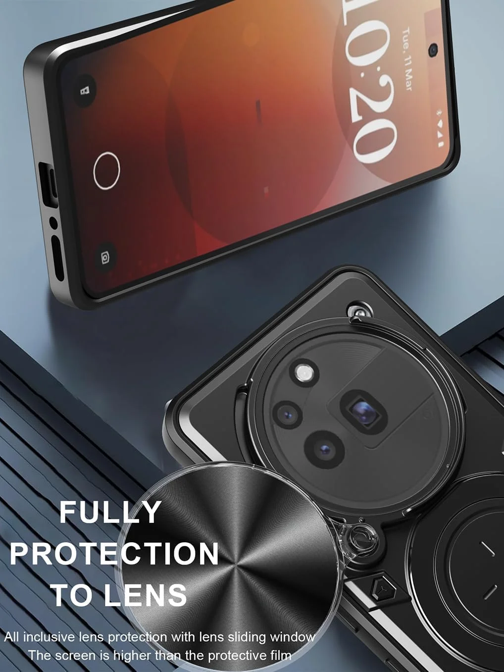 کاور محافظ گوشی ناتینگ فون (3a) پرو برند SEAHAI، استایل جذاب PC + TPU سیلیکونی ضد ضربه با استند مغناطیسی فلزی چرخشی و محافظ دوربین - مشکی