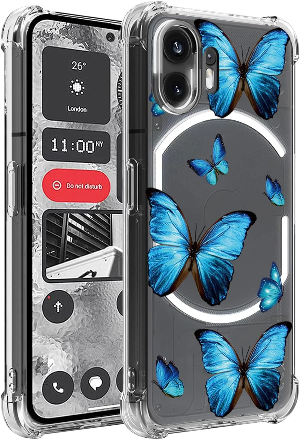 قاب یِربِل برای ناتینگ فون 2، قاب ناتینگ فون دو A065 طرح فانتزی، کاور سیلیکونی ژله‌ای نرم و منعطف با ضربه‌گیر برای ناتینگ فون 2 - طرح پروانه آبی