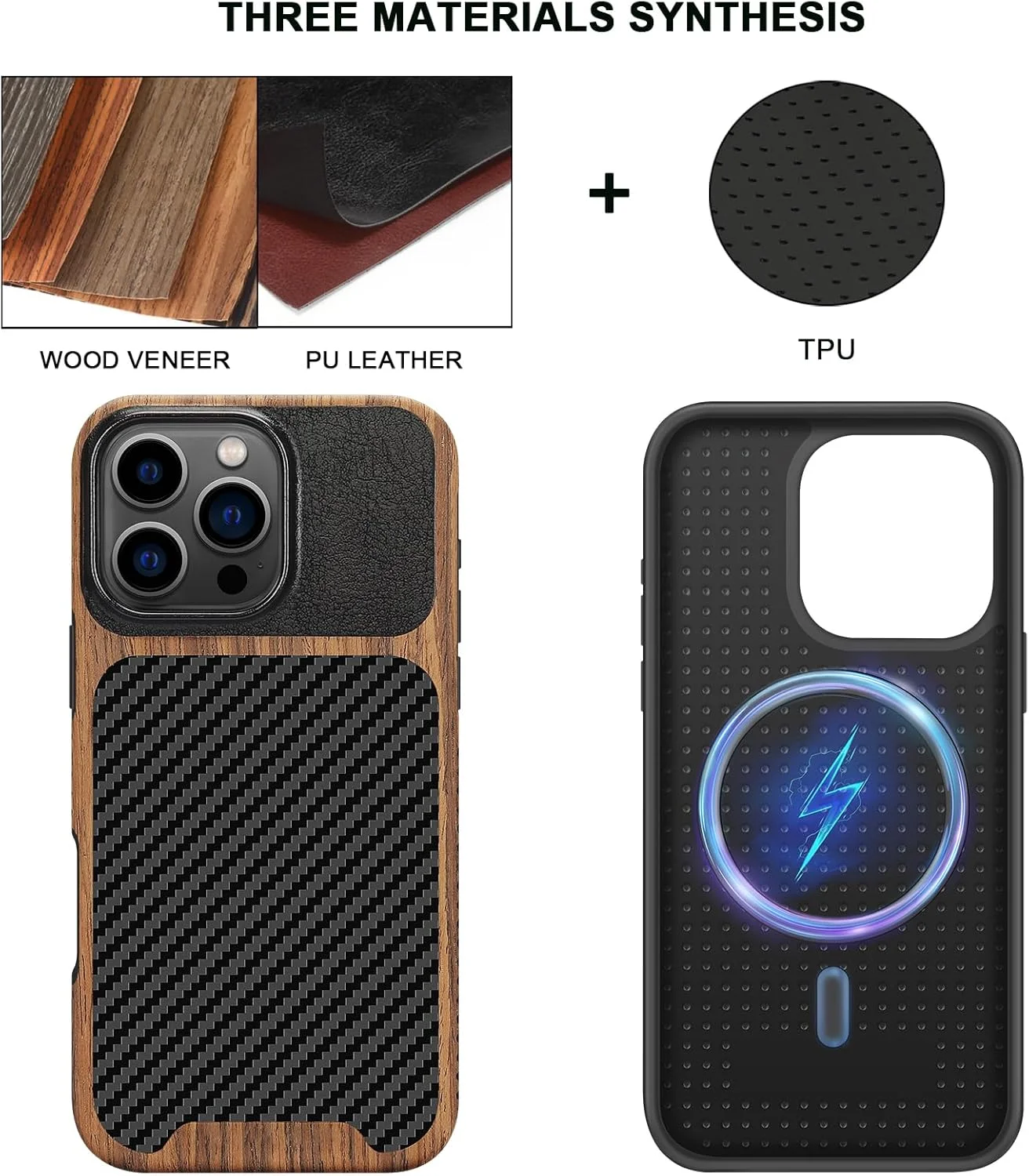 قاب مغناطیسی TENDLIN سازگار با آیفون 16 پرو، طرح چوب با بافت فیبر کربن، قاب باریک ترکیبی چرمی (سازگار با MagSafe)، مشکی