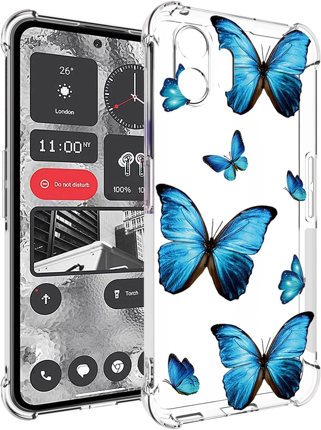 قاب یِربِل برای ناتینگ فون 2، قاب ناتینگ فون دو A065 طرح فانتزی، کاور سیلیکونی ژله‌ای نرم و منعطف با ضربه‌گیر برای ناتینگ فون 2 - طرح پروانه آبی