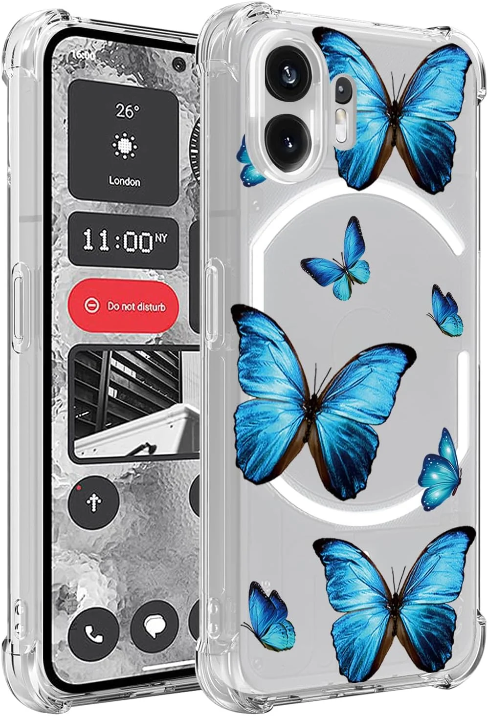 قاب یِربِل برای ناتینگ فون 2، قاب ناتینگ فون دو A065 طرح فانتزی، کاور سیلیکونی ژله‌ای نرم و منعطف با ضربه‌گیر برای ناتینگ فون 2 - طرح پروانه آبی