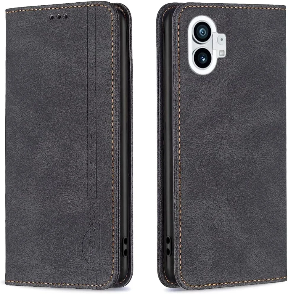 کیف پول چرمی OIATROE با قابلیت استند برای تلفن Nothing phone (1)، دارای قفل مغناطیسی، کیف چرمی رنگ ثابت برای تلفن Nothing phone (1) - مشکی