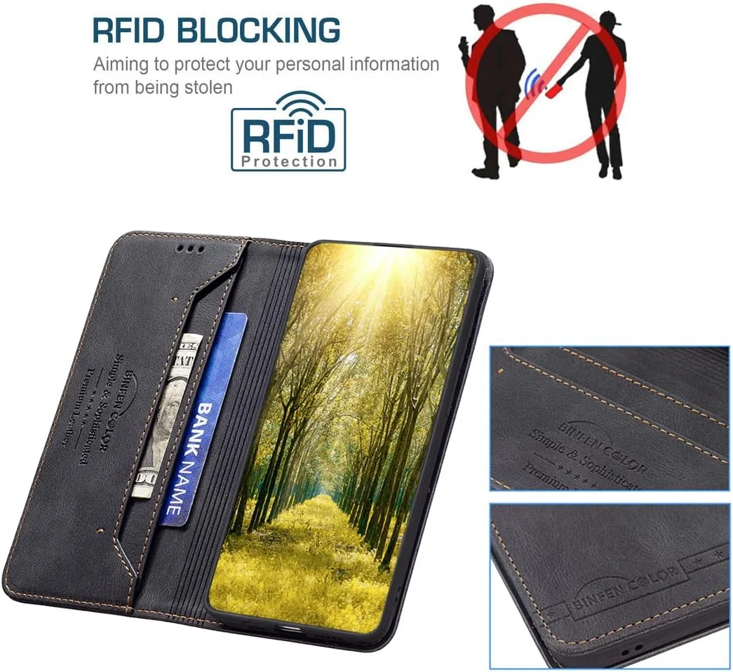 کیف پول چرمی OIATROE با قابلیت استند برای تلفن Nothing phone (1)، دارای قفل مغناطیسی، کیف چرمی رنگ ثابت برای تلفن Nothing phone (1) - مشکی