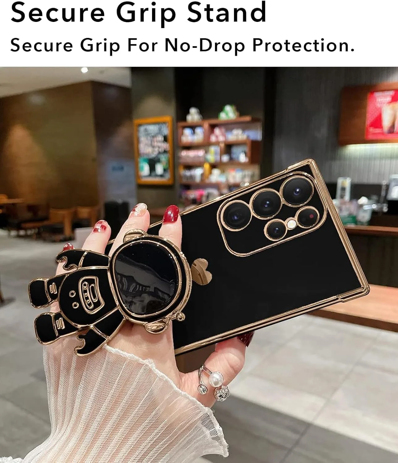 قاب محافظ گوشی سامسونگ گلکسی اس 23 اولترا مدل ELEPIK با پایه نگهدارنده طرح فضانورد، محافظت کامل از دوربین، جنس TPU نرم، ضد ضربه و باریک، مشکی