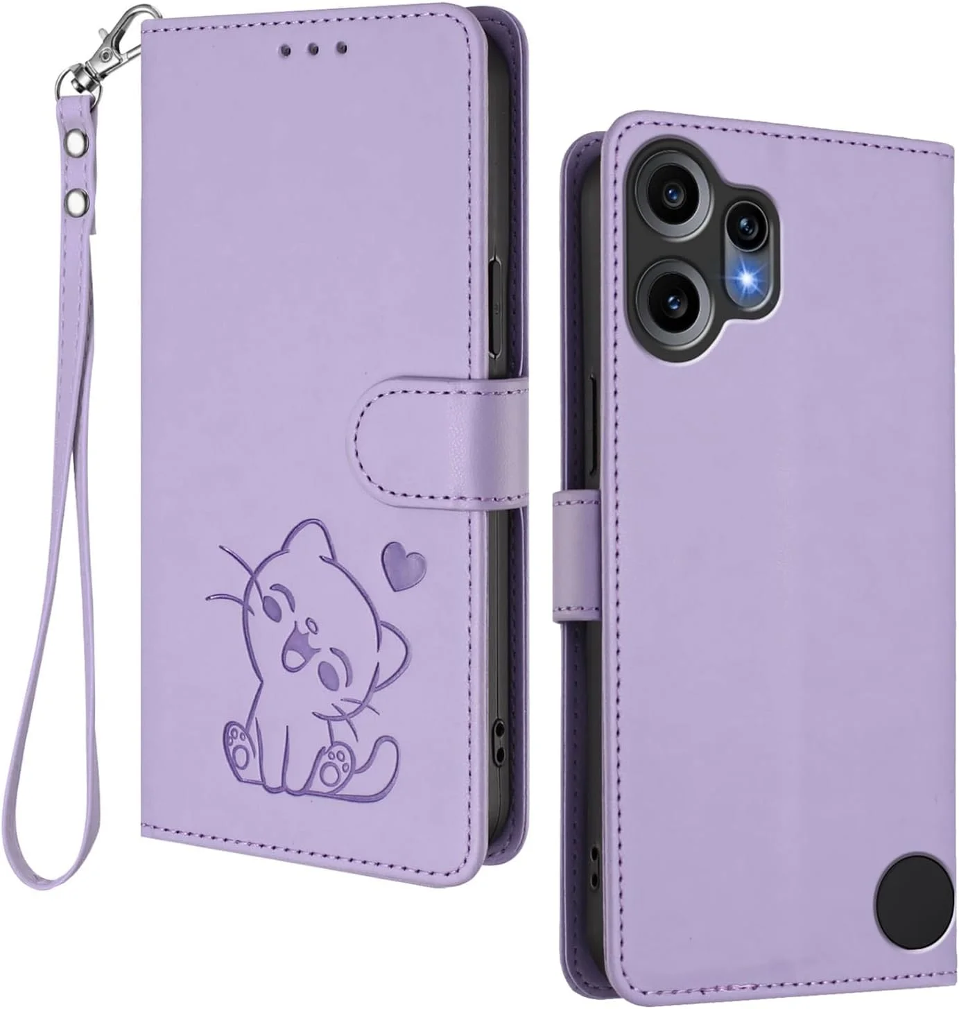 کیف پول چرمی HAOYE برای تلفن Nothing CMF Phone 2 Pro، طرح گرافیکی گربه ملوس، دارای قفل مغناطیسی، بدنه TPU ضد ضربه، جای کارت و پایه - بنفش تیره