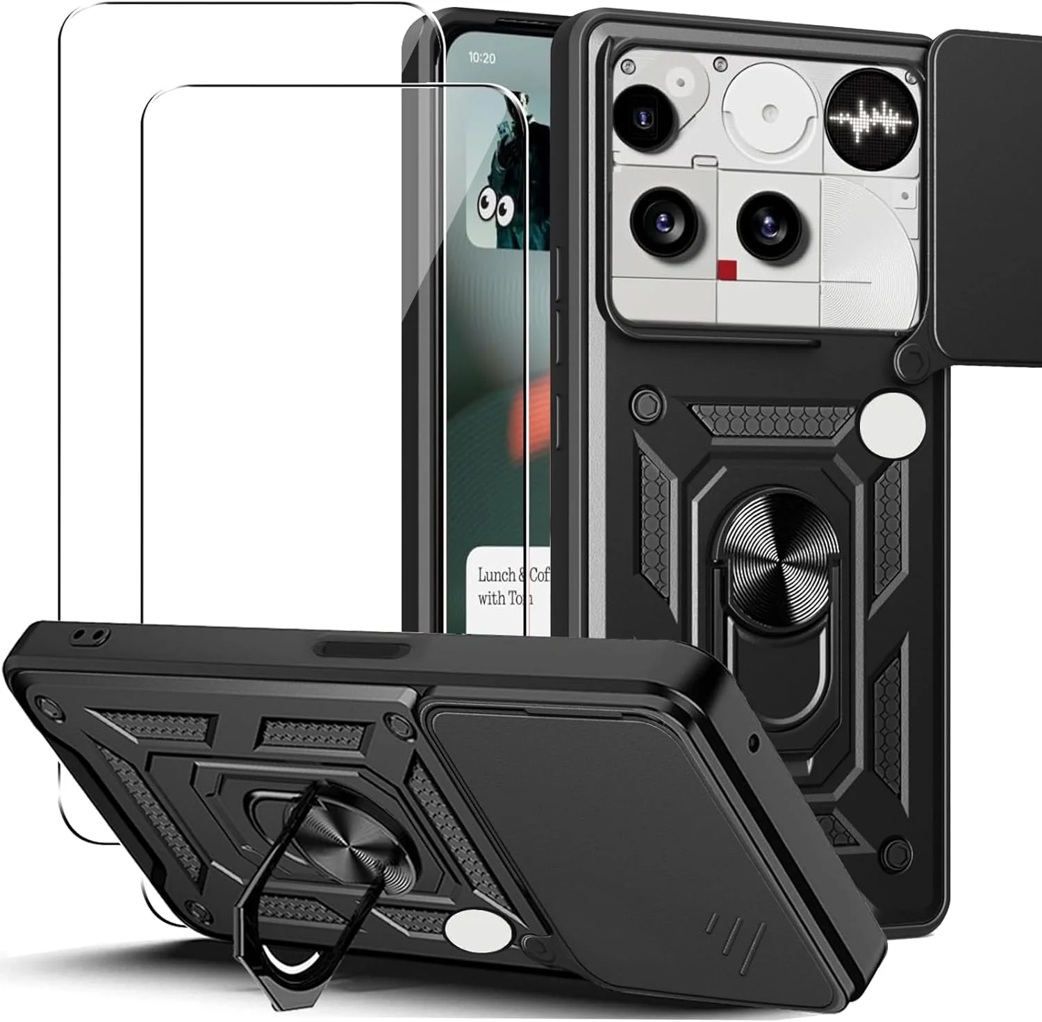 کاور محافظ گوشی ناتینگ فون (3) کوسینوکا با پوشش کشویی و استند چرخشی + [2 عدد] محافظ صفحه نمایش شیشه ای حرارت دیده، کاور محافظ درجه نظامی، کاور سخت [ضد ضربه]، مشکی