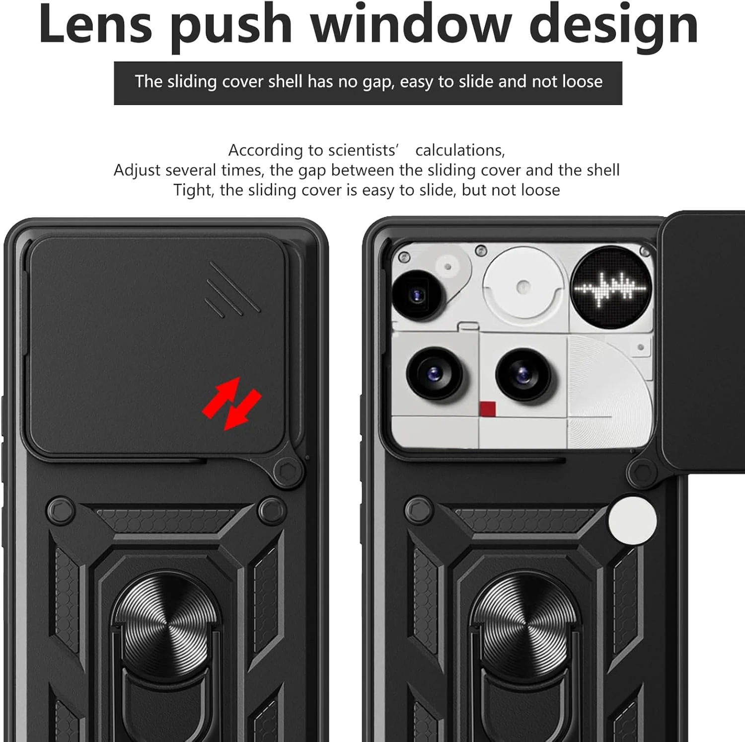 کاور محافظ گوشی ناتینگ فون (3) کوسینوکا با پوشش کشویی و استند چرخشی + [2 عدد] محافظ صفحه نمایش شیشه ای حرارت دیده، کاور محافظ درجه نظامی، کاور سخت [ضد ضربه]، مشکی