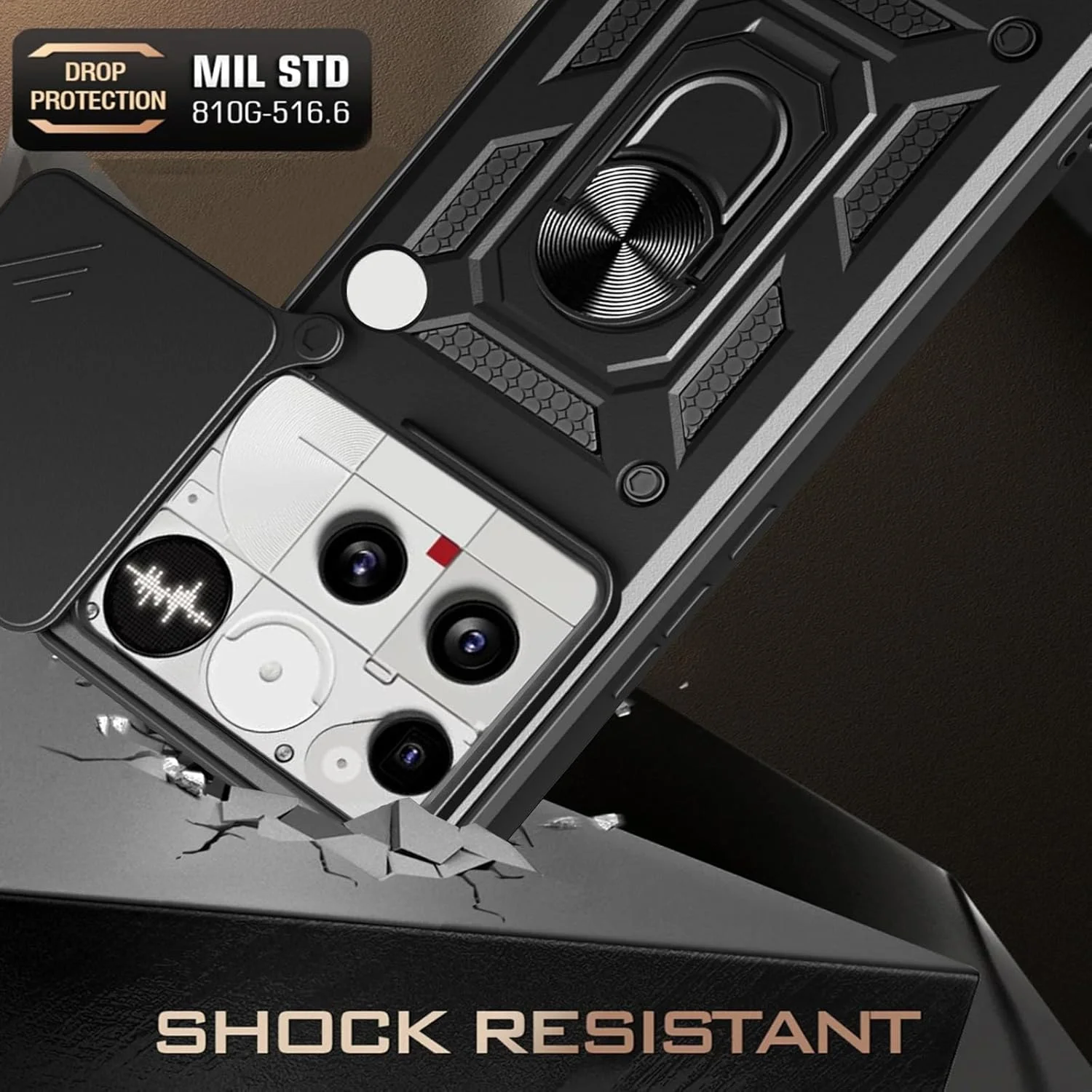 کاور محافظ گوشی ناتینگ فون (3) کوسینوکا با پوشش کشویی و استند چرخشی + [2 عدد] محافظ صفحه نمایش شیشه ای حرارت دیده، کاور محافظ درجه نظامی، کاور سخت [ضد ضربه]، مشکی