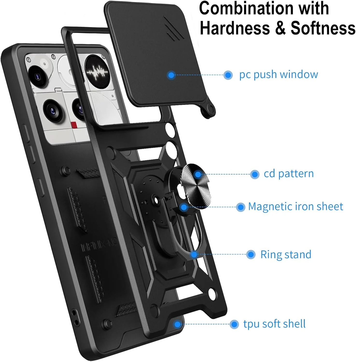 کاور محافظ گوشی ناتینگ فون (3) کوسینوکا با پوشش کشویی و استند چرخشی + [2 عدد] محافظ صفحه نمایش شیشه ای حرارت دیده، کاور محافظ درجه نظامی، کاور سخت [ضد ضربه]، مشکی