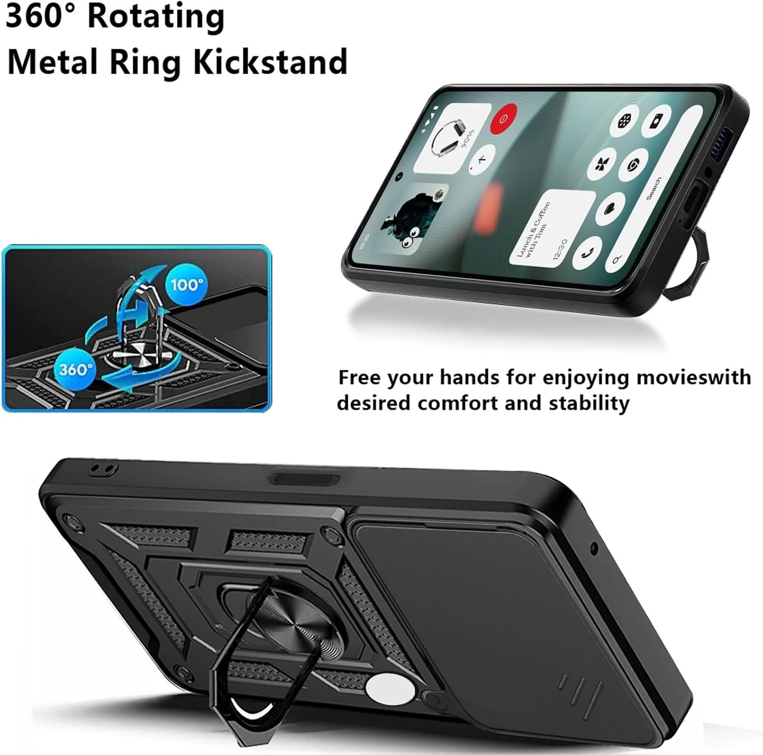 کاور محافظ گوشی ناتینگ فون (3) کوسینوکا با پوشش کشویی و استند چرخشی + [2 عدد] محافظ صفحه نمایش شیشه ای حرارت دیده، کاور محافظ درجه نظامی، کاور سخت [ضد ضربه]، مشکی