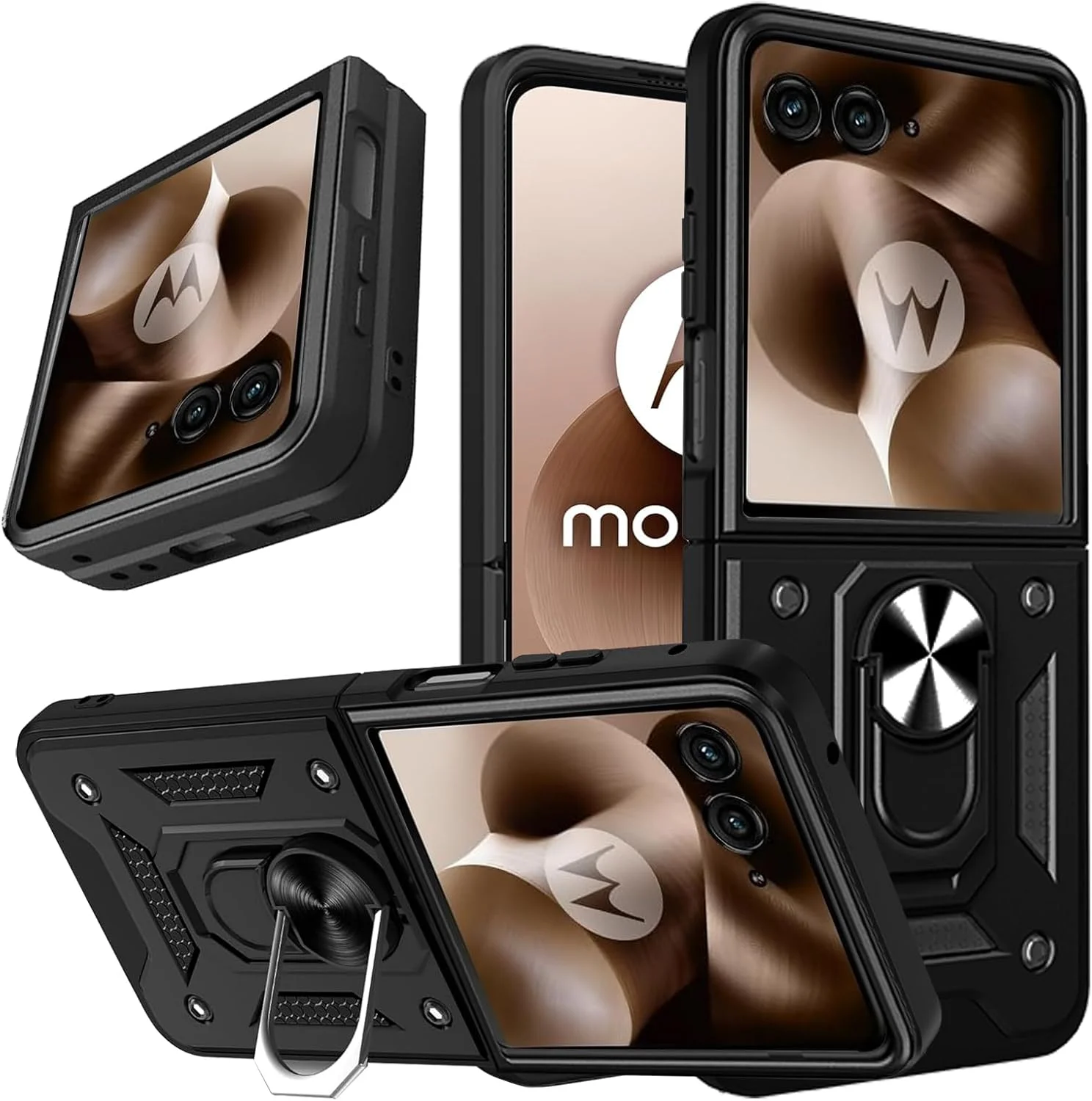 قاب محافظ گوشی موتورولا Razr 60 Ultra، دارای پایه چرخشی 360 درجه و پوشش کشویی دوربین، ساخته شده از TPU نرم و قاب PC سخت، ضد خش، ضد ضربه و مقاوم، مشکی