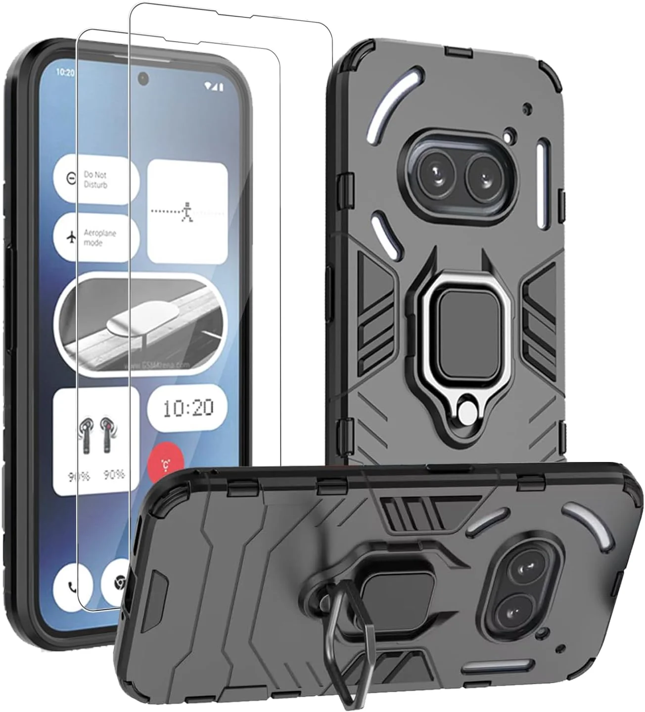 کاور محافظ گوشی KZIOACSH مناسب برای ناتینگ فون 2A/فون 2A پلاس، بامپر TPU ضد ضربه + کاور پشتی مات PC [پایه انگشتی حلقه ای 360 درجه] محافظ ضد خش درجه نظامی با 2 محافظ صفحه شیشه ای حرارت دیده، مشکی