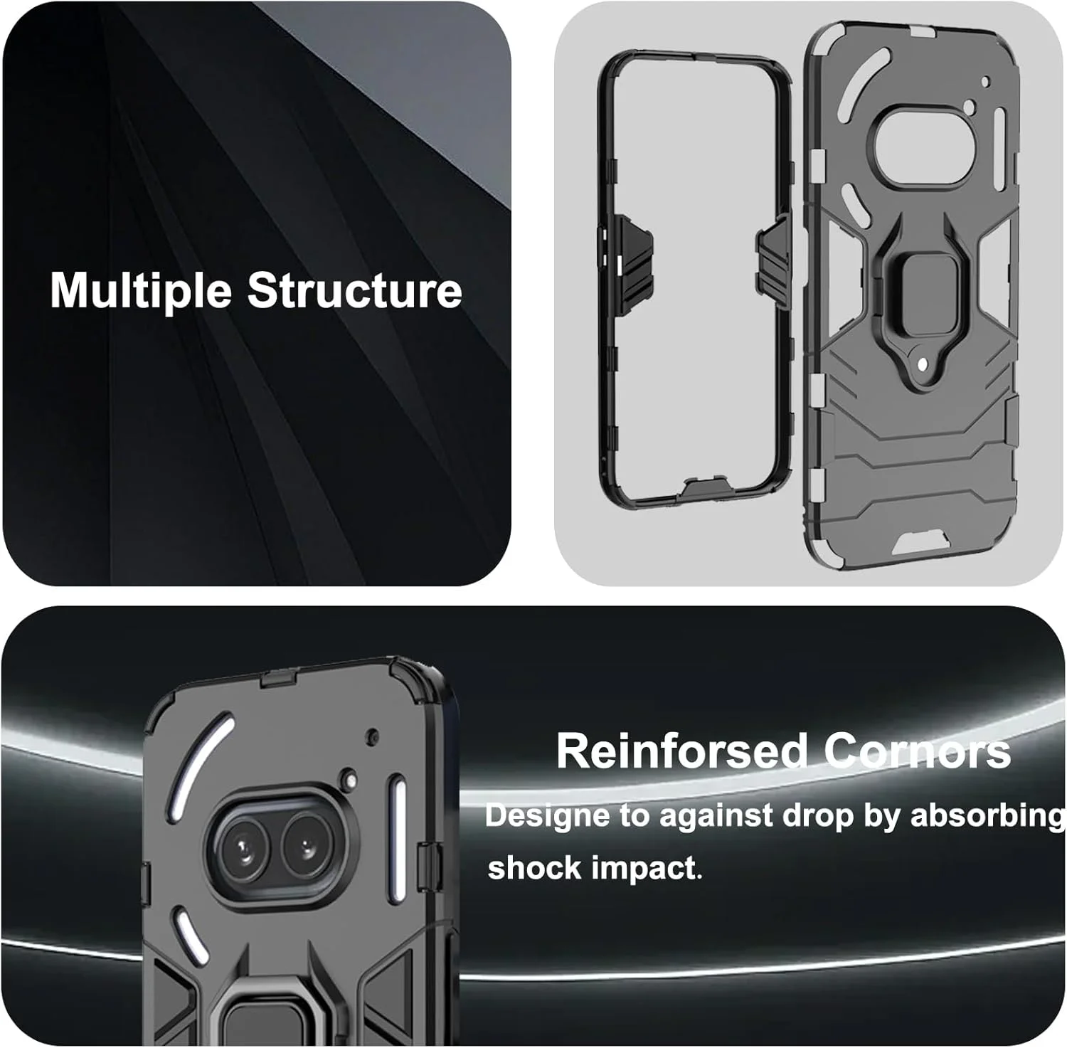 کاور محافظ گوشی KZIOACSH مناسب برای ناتینگ فون 2A/فون 2A پلاس، بامپر TPU ضد ضربه + کاور پشتی مات PC [پایه انگشتی حلقه ای 360 درجه] محافظ ضد خش درجه نظامی با 2 محافظ صفحه شیشه ای حرارت دیده، مشکی