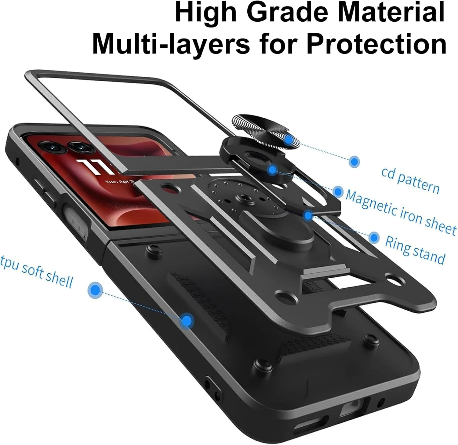 قاب محافظ گوشی موتورولا Razr 60 Ultra، دارای پایه چرخشی 360 درجه و پوشش کشویی دوربین، ساخته شده از TPU نرم و قاب PC سخت، ضد خش، ضد ضربه و مقاوم، مشکی قاب محافظ گوشی موتورولا Razr 60 Ultra، دارای پایه چرخشی 360 درجه و پوشش کشویی دوربین، ساخته شده از TPU نرم و قاب PC سخت، ضد خش، ضد ضربه و مقاوم، مشکی