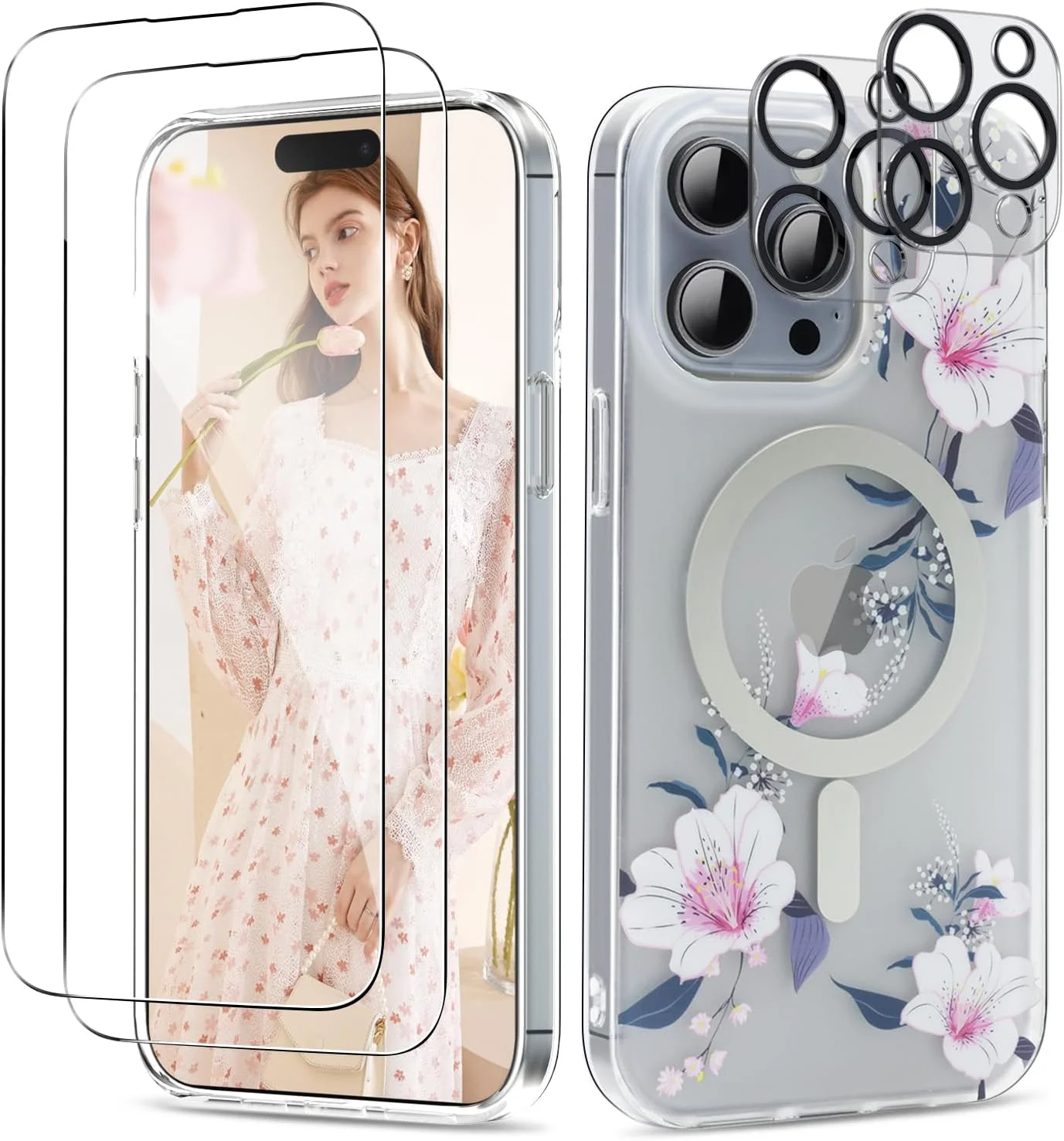 کاور محافظ گوشی R-fun مناسب برای آیفون 15 پرو مکس، سازگار با MagSafe، به همراه [2 عدد محافظ صفحه نمایش + 2 عدد محافظ لنز دوربین]، کاور باریک ضد ضربه با طرح گلدار و روکش مات [ضد زردی] برای آیفون 15 پرو مکس 6.7 اینچی - طرح Lily