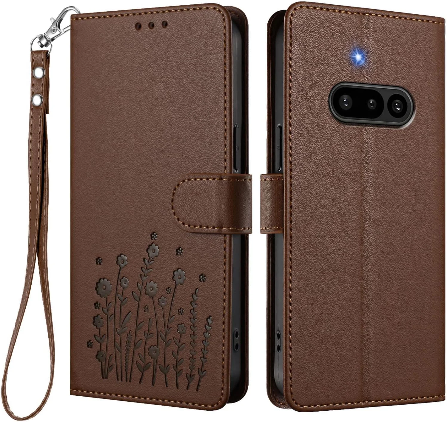 کیف چرمی طرح گل HAOYE برای Nothing Phone (3a)، کاور کیف پول چند جیبی با سگک مغناطیسی، پایه تاشو و ضربه گیر TPU - قهوه ای