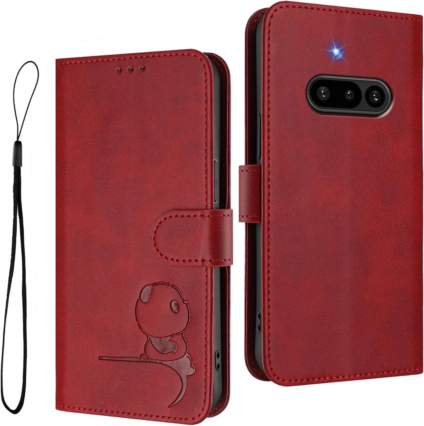 کیف چرمی طرح پاندا HAOYE Premium برای Nothing Phone (3a) - کاور مسدود کننده RFID با جای کارت، پایه و طراحی ضد ضربه - قرمز شرابی