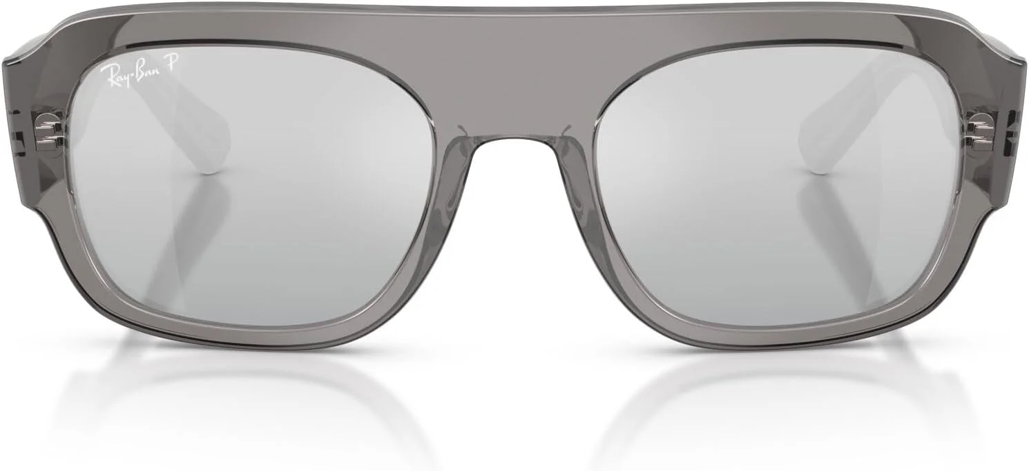 عینک آفتابی مستطیلی ری-بن مدل RB2218، طوسی شفاف/نقره‌ای آینه‌ای گرادیانی پلاریزه، سایز 55 میلی‌متر