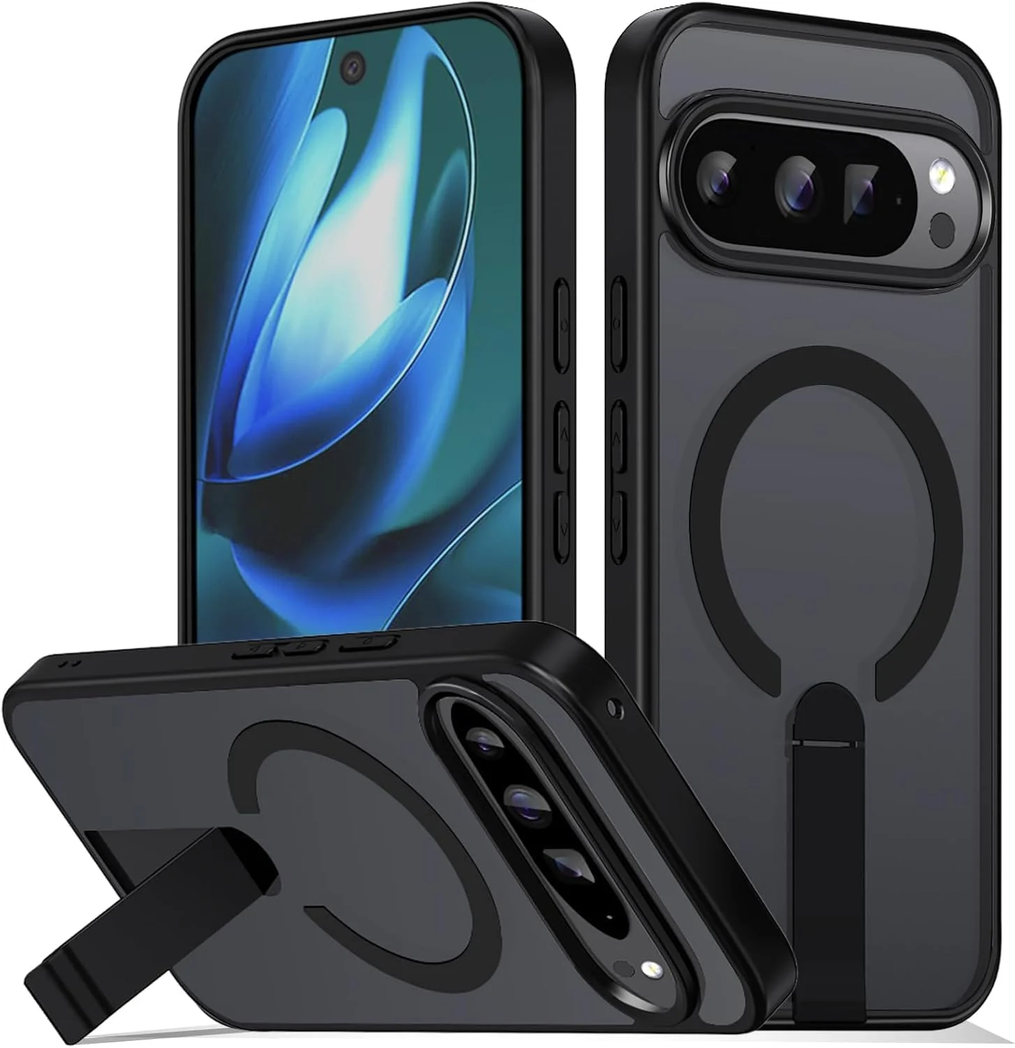 قاب مغناطیسی برای گوگل پیکسل 9/9 پرو 10/10 پرو، [پایه 3 حالته] [محافظت در برابر سقوط در سطح نظامی] با پایه نامرئی ضد ضربه و باریک برای پیکسل 9/9 پرو 10/10 پرو، مشکی