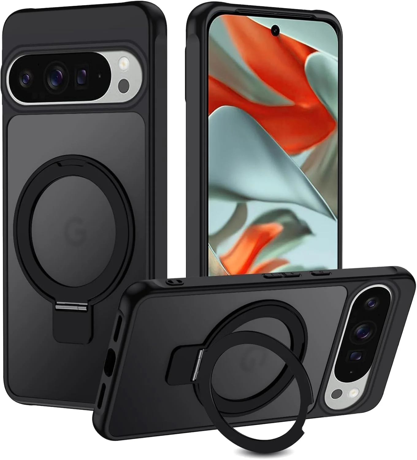 قاب محافظ مغناطیسی گوشی گوگل پیکسل 9، قاب گوشی پیکسل 9 پرو با پایه انگشتی [سازگار با مگ-سیف]، کاور محافظ مات نیمه شفاف با پایه برای گوشی پیکسل 9/9 پرو، مشکی