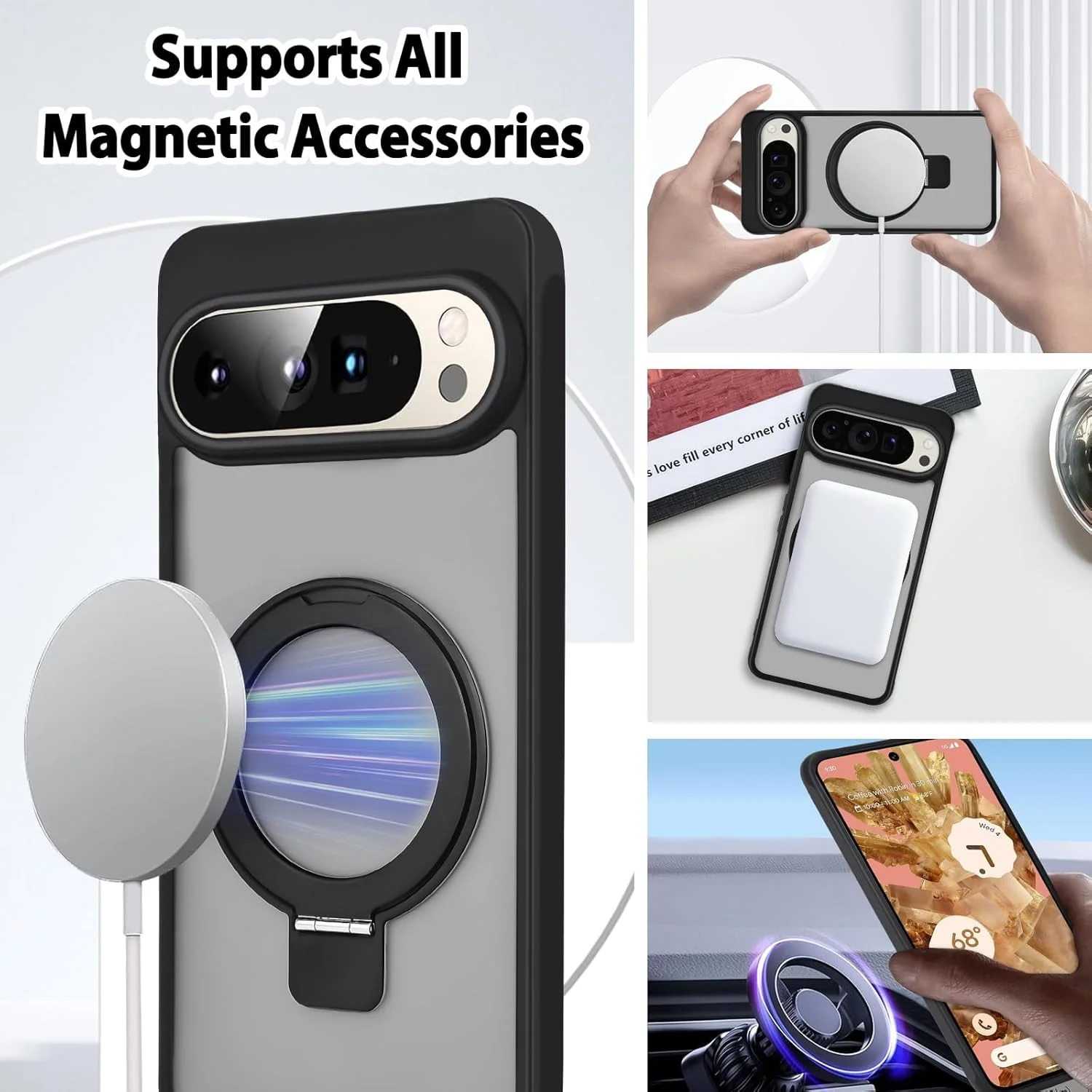 قاب محافظ مغناطیسی گوشی گوگل پیکسل 9، قاب گوشی پیکسل 9 پرو با پایه انگشتی [سازگار با مگ-سیف]، کاور محافظ مات نیمه شفاف با پایه برای گوشی پیکسل 9/9 پرو، مشکی