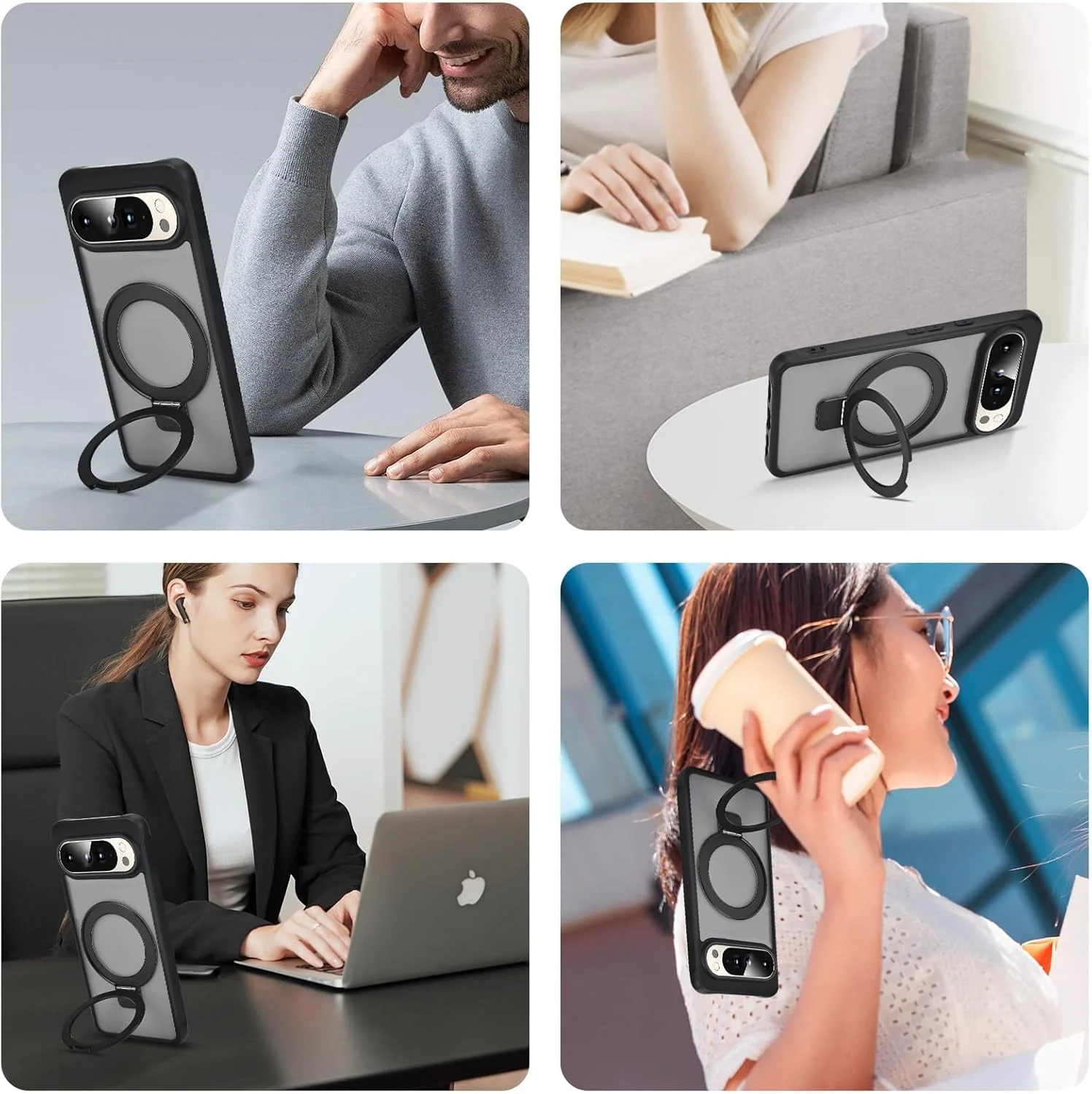 قاب محافظ مغناطیسی گوشی گوگل پیکسل 9، قاب گوشی پیکسل 9 پرو با پایه انگشتی [سازگار با مگ-سیف]، کاور محافظ مات نیمه شفاف با پایه برای گوشی پیکسل 9/9 پرو، مشکی