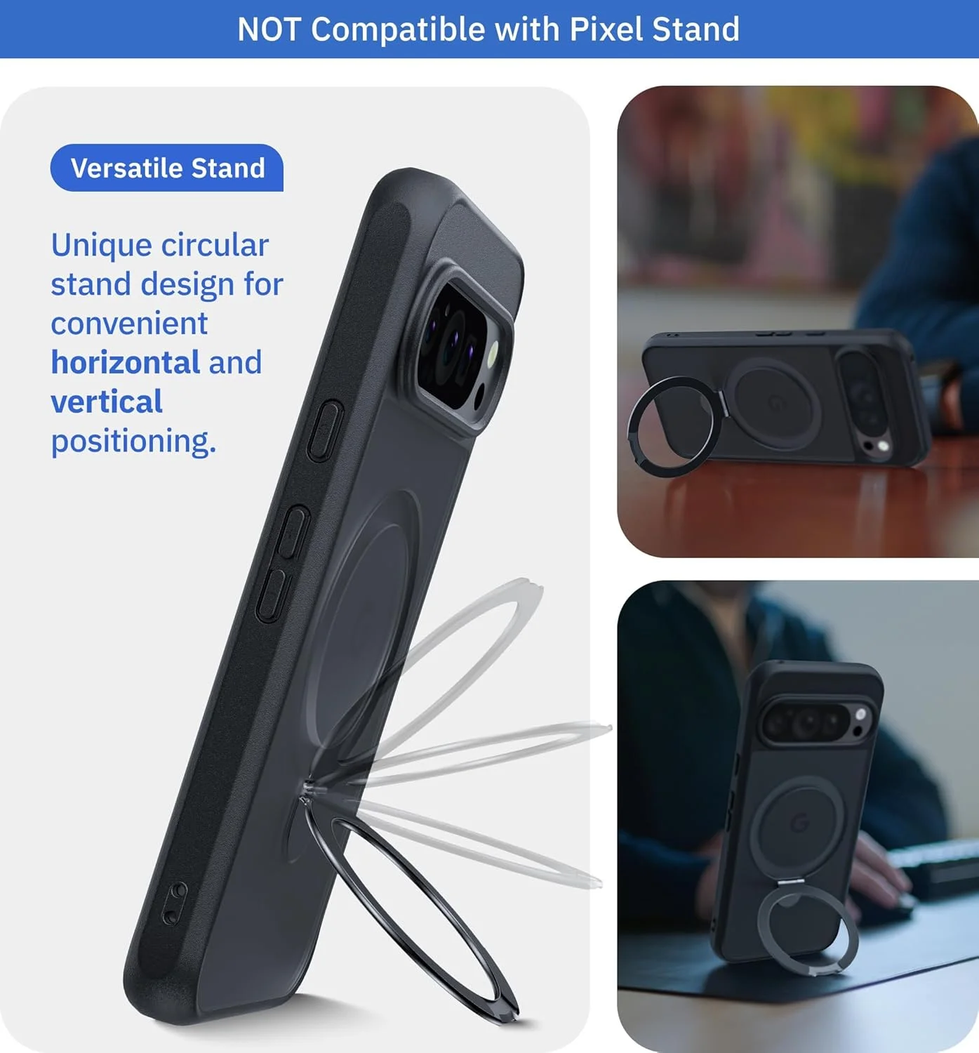 قاب محافظ مغناطیسی گوشی گوگل پیکسل 9، قاب گوشی پیکسل 9 پرو با پایه انگشتی [سازگار با مگ-سیف]، کاور محافظ مات نیمه شفاف با پایه برای گوشی پیکسل 9/9 پرو، مشکی