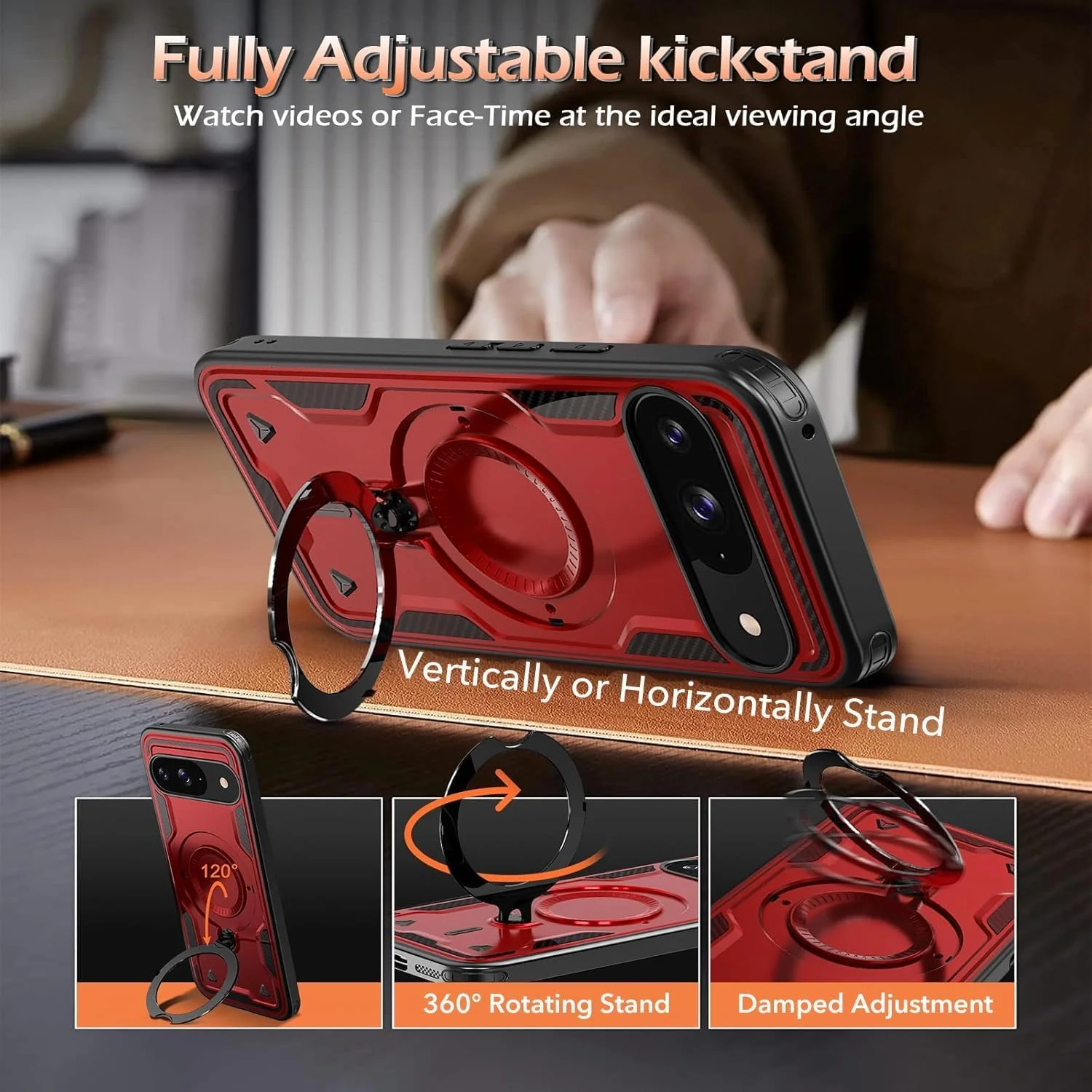 قاب محافظ گوشی ELEPIK برای گوگل پیکسل 9/9 پرو با پایه چرخان 360 درجه، سازگار با شارژ بی‌سیم، محافظت نظامی، قرمز