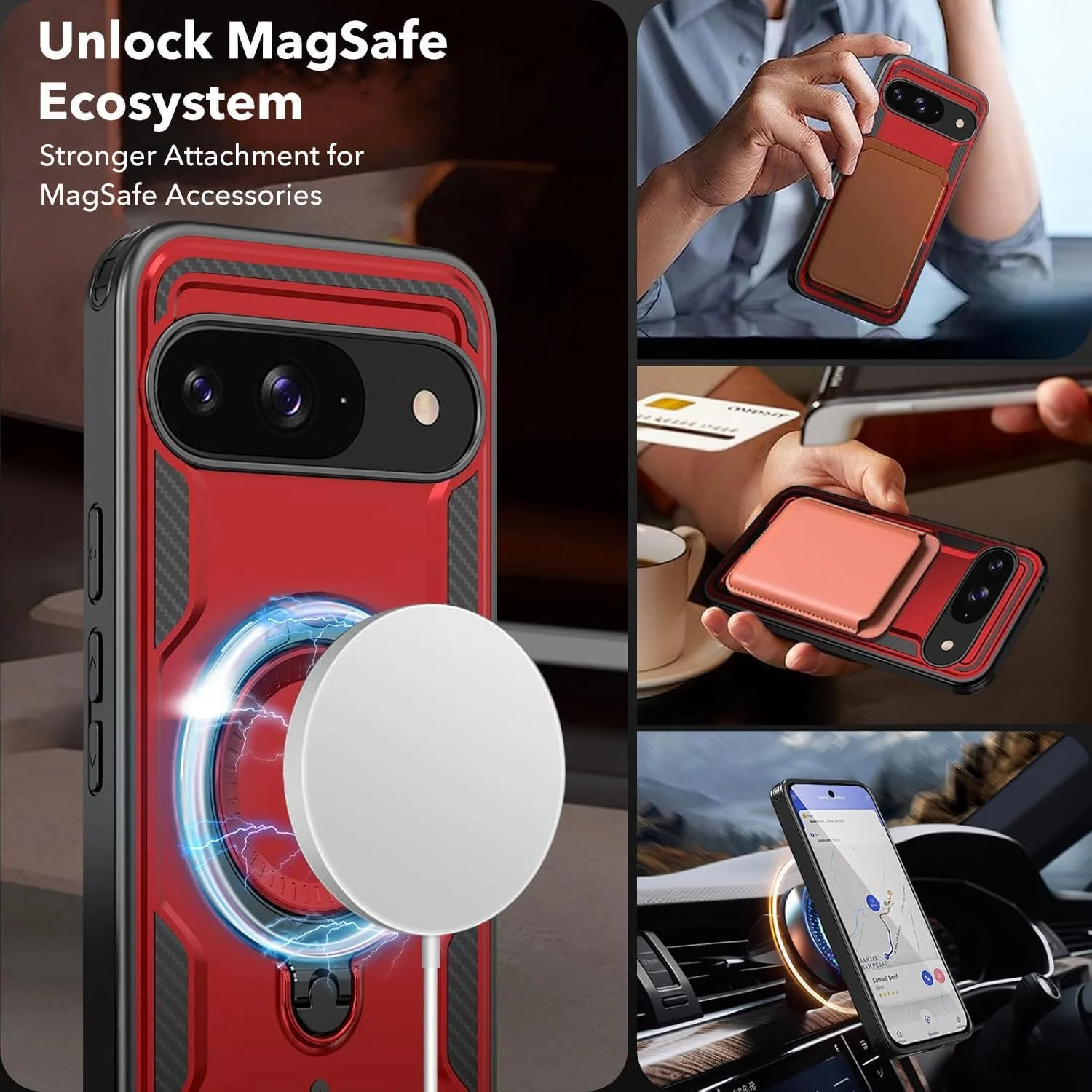 قاب محافظ گوشی ELEPIK برای گوگل پیکسل 9/9 پرو با پایه چرخان 360 درجه، سازگار با شارژ بی‌سیم، محافظت نظامی، قرمز