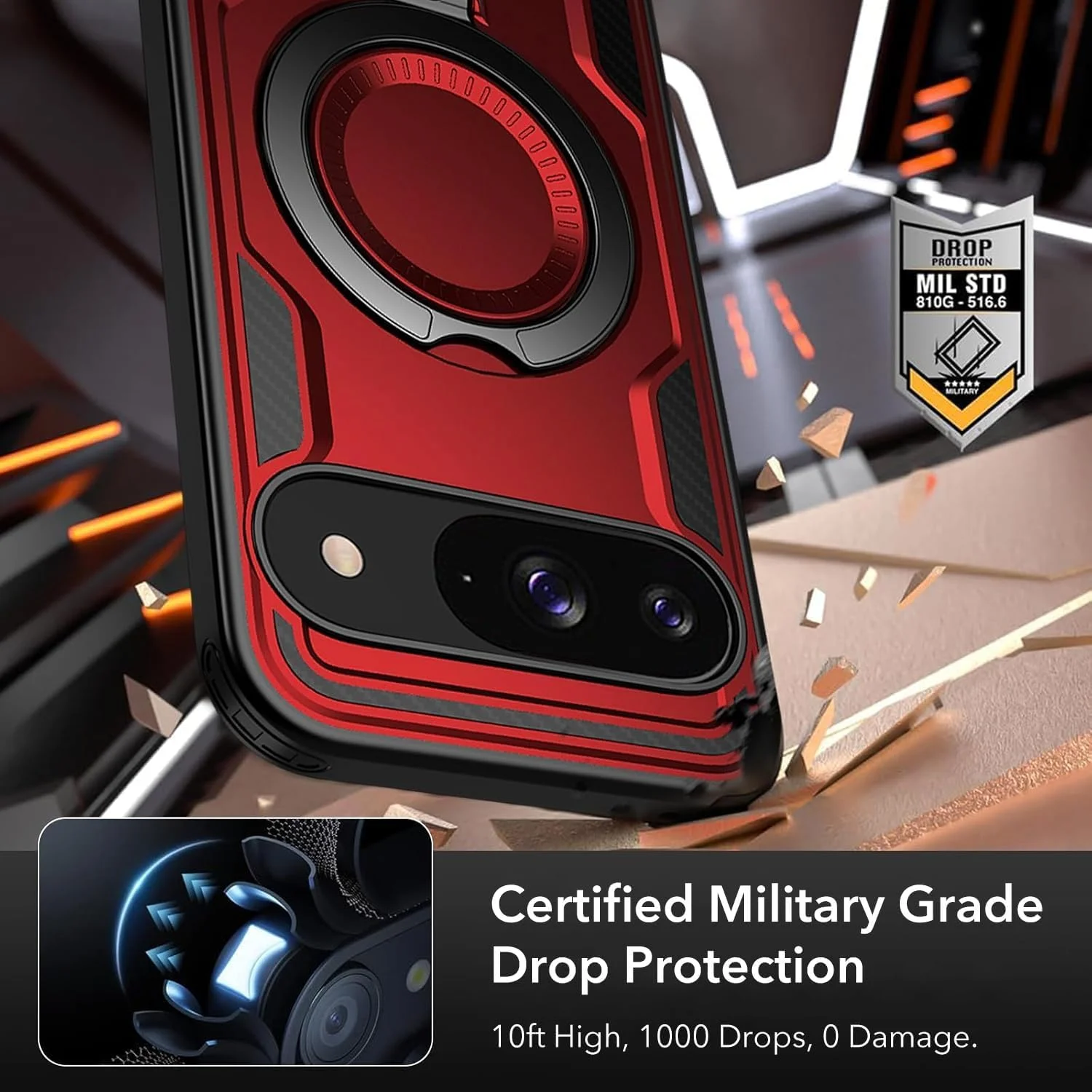 قاب محافظ گوشی ELEPIK برای گوگل پیکسل 9/9 پرو با پایه چرخان 360 درجه، سازگار با شارژ بی‌سیم، محافظت نظامی، قرمز