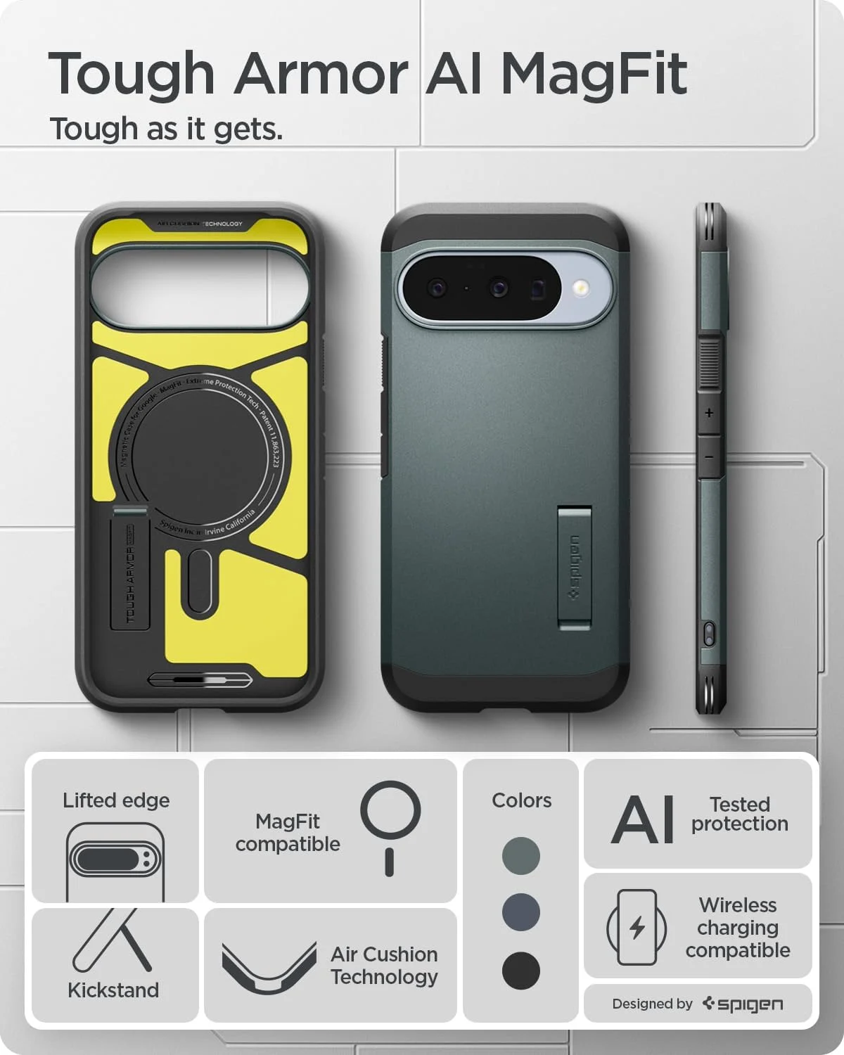 کاور محافظ سخت Spigen Tough Armor MagFit AI برای گوشی گوگل پیکسل 10 و پیکسل 10 پرو - سبز آبی