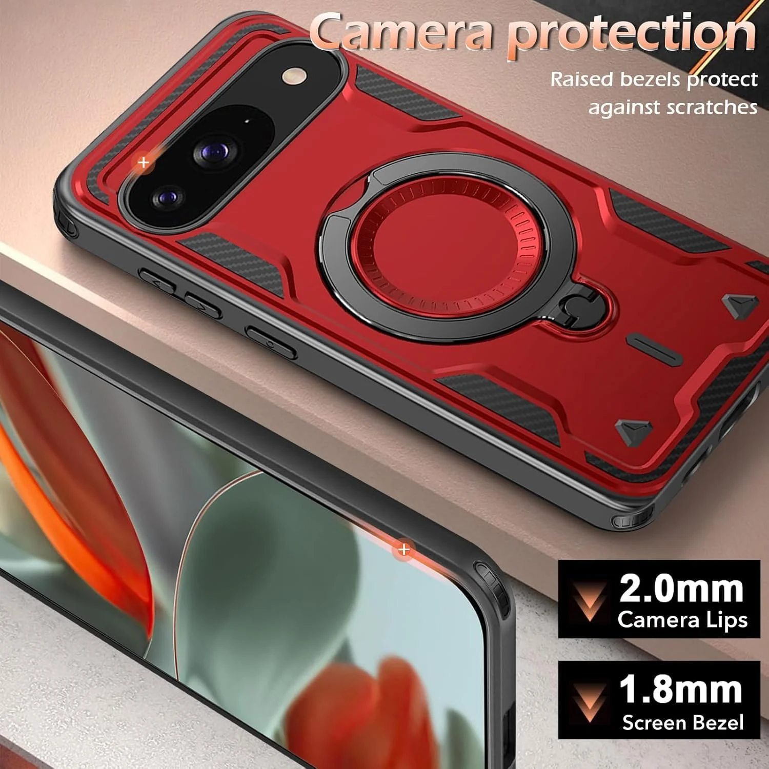 قاب محافظ گوشی ELEPIK برای گوگل پیکسل 9/9 پرو با پایه چرخان 360 درجه، سازگار با شارژ بی‌سیم، محافظت نظامی، قرمز
