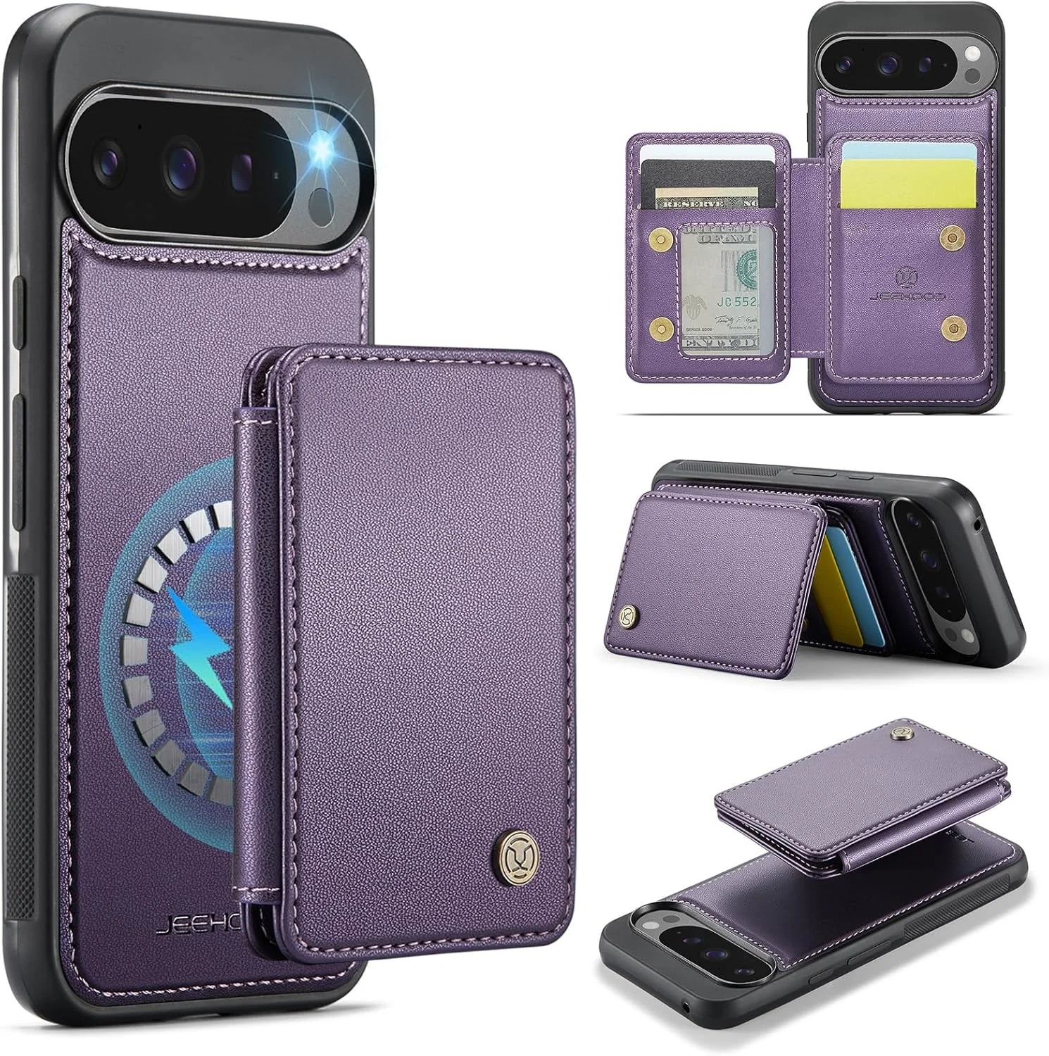 قاب گوشی ELEPIK برای گوگل پیکسل 9 پرو XL، کیف پول مغناطیسی جداشدنی با نگهدارنده کارت، پایه نگهدارنده، [سازگار با MagSafe] [مسدود کننده RFID] با شارژ بی سیم برای قاب پیکسل 9 پرو XL، بنفش