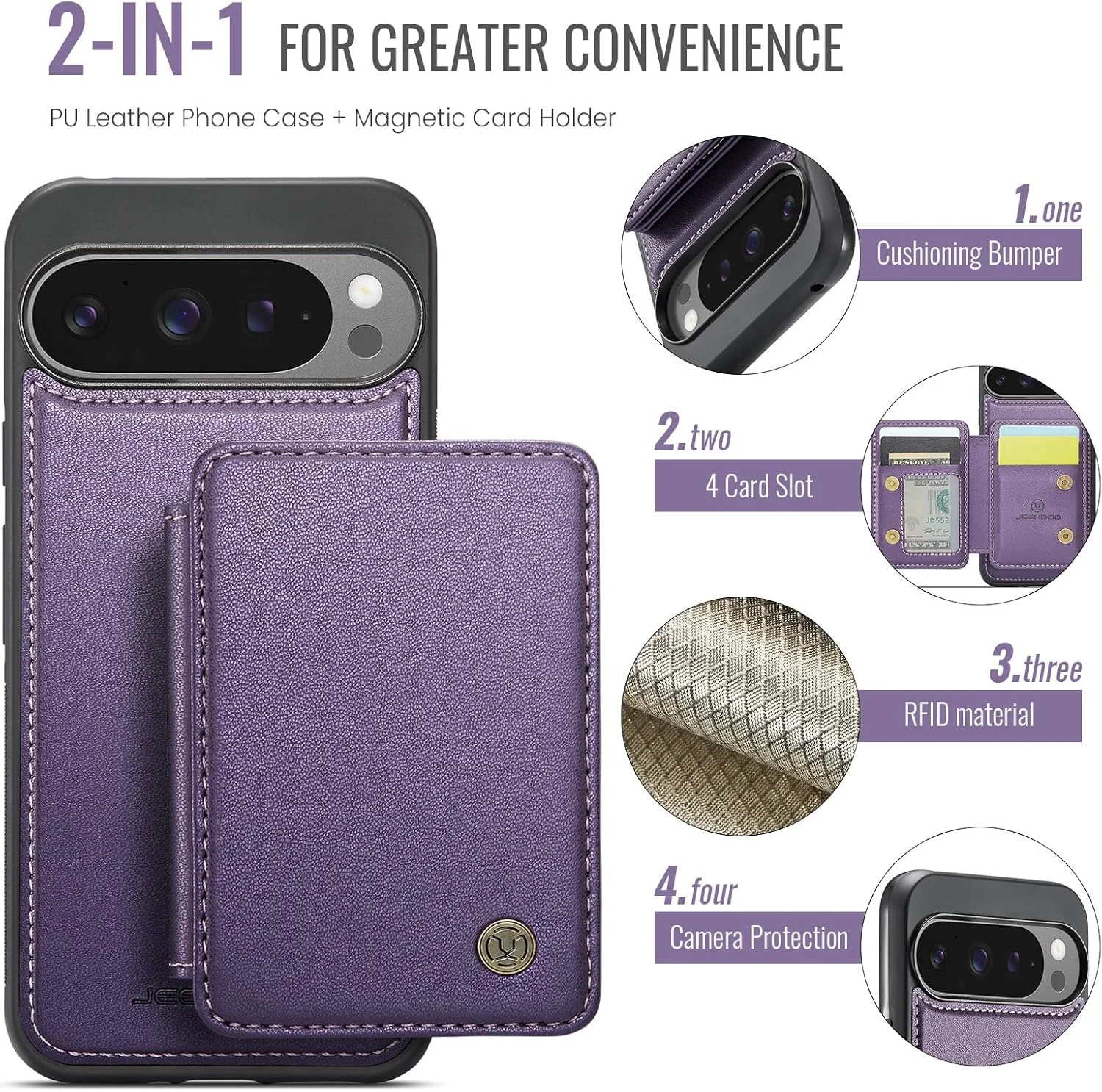 قاب گوشی ELEPIK برای گوگل پیکسل 9 پرو XL، کیف پول مغناطیسی جداشدنی با نگهدارنده کارت، پایه نگهدارنده، [سازگار با MagSafe] [مسدود کننده RFID] با شارژ بی سیم برای قاب پیکسل 9 پرو XL، بنفش