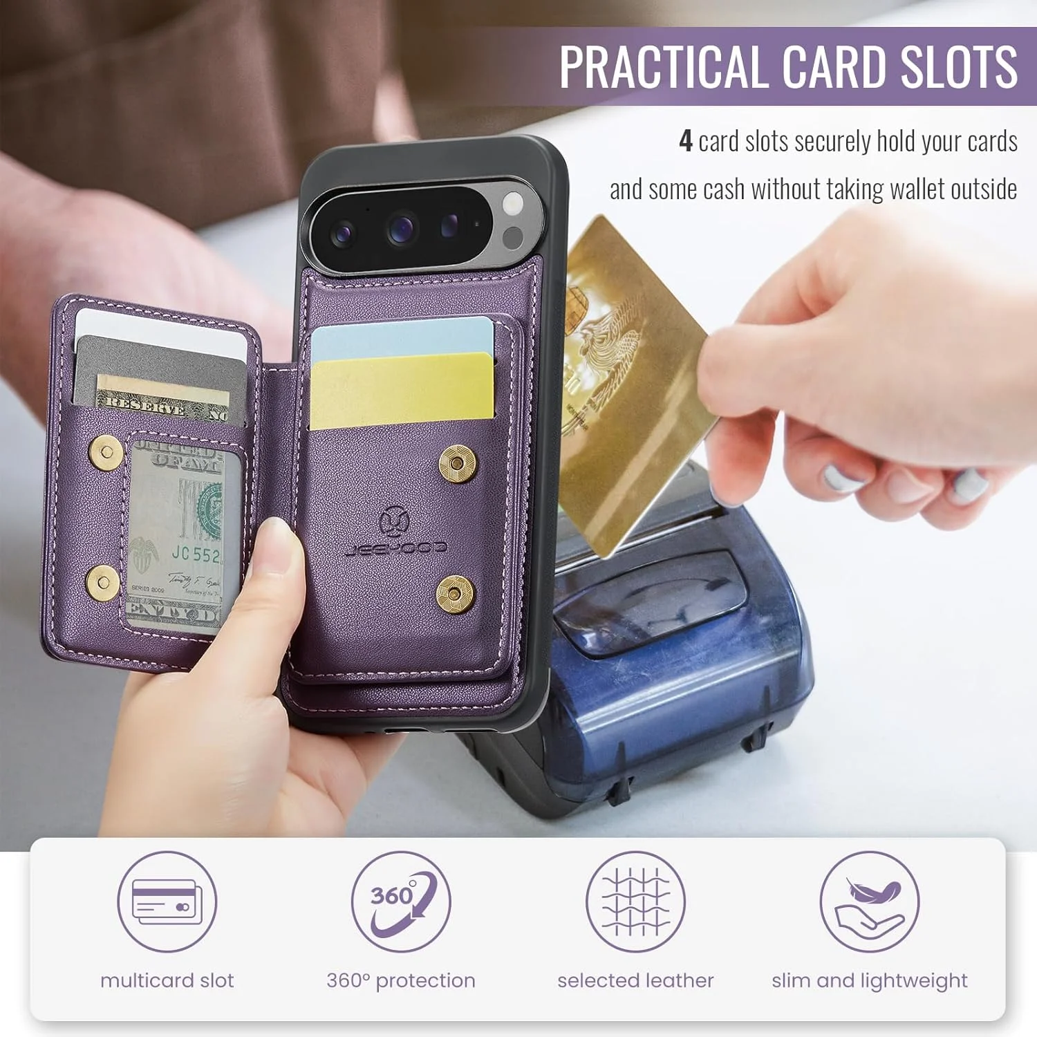 قاب گوشی ELEPIK برای گوگل پیکسل 9 پرو XL، کیف پول مغناطیسی جداشدنی با نگهدارنده کارت، پایه نگهدارنده، [سازگار با MagSafe] [مسدود کننده RFID] با شارژ بی سیم برای قاب پیکسل 9 پرو XL، بنفش