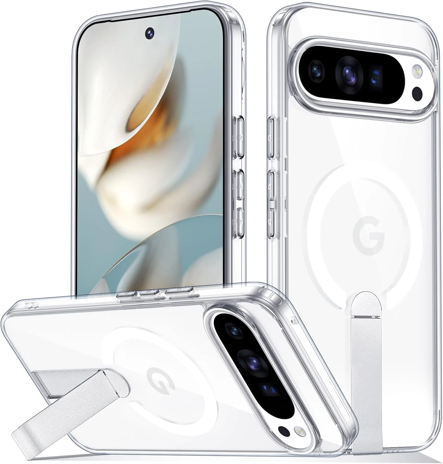 قاب محافظ گوشی گوگل پیکسل 9 پرو ایکس ال ELEPIK با پایه نگهدارنده [سازگار با مگ‌سیف] [2 حالت استند] محافظ باریک و ضد ضربه برای گوشی پیکسل 9 پرو ایکس ال، شفاف