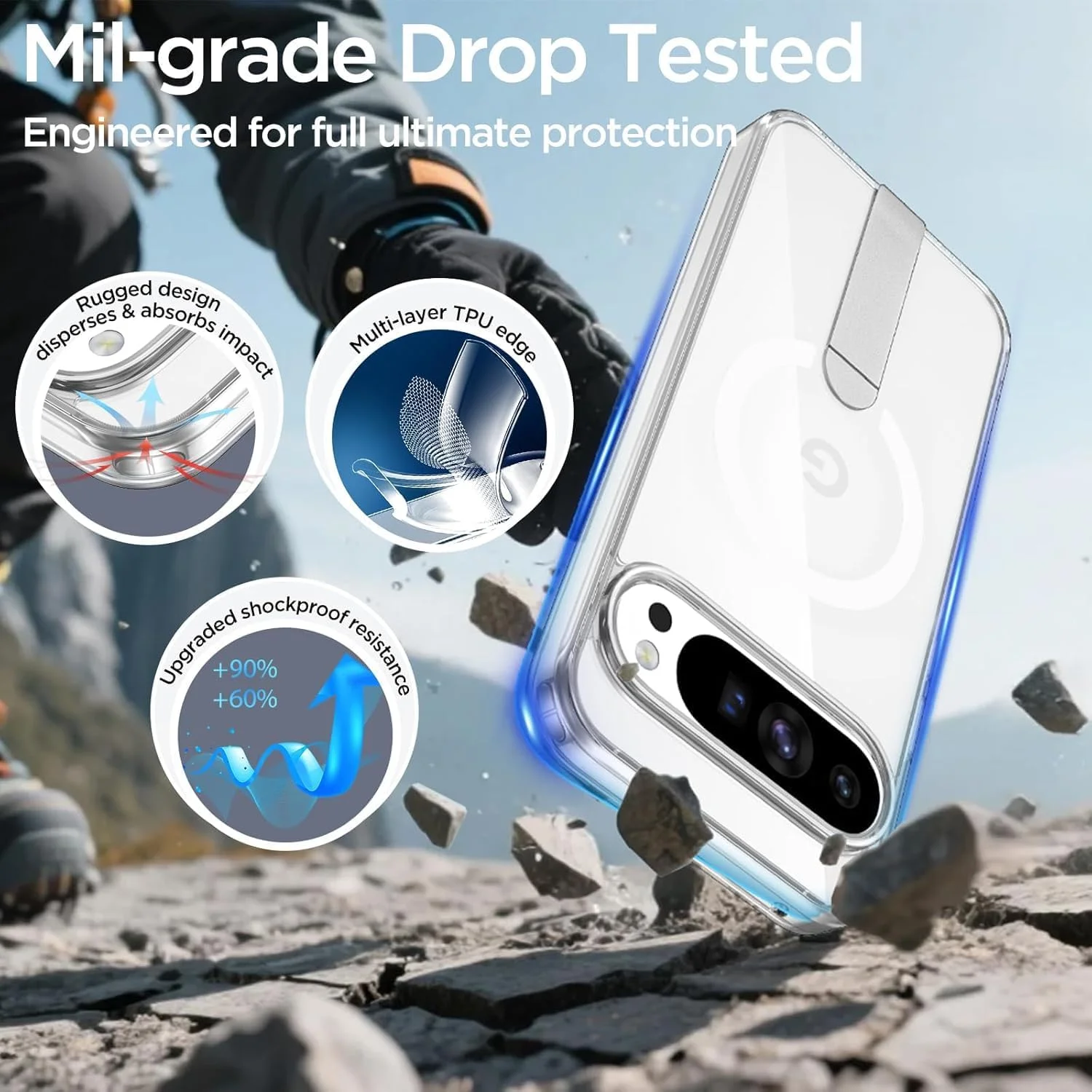 قاب محافظ گوشی گوگل پیکسل 9 پرو ایکس ال ELEPIK با پایه نگهدارنده [سازگار با مگ‌سیف] [2 حالت استند] محافظ باریک و ضد ضربه برای گوشی پیکسل 9 پرو ایکس ال، شفاف