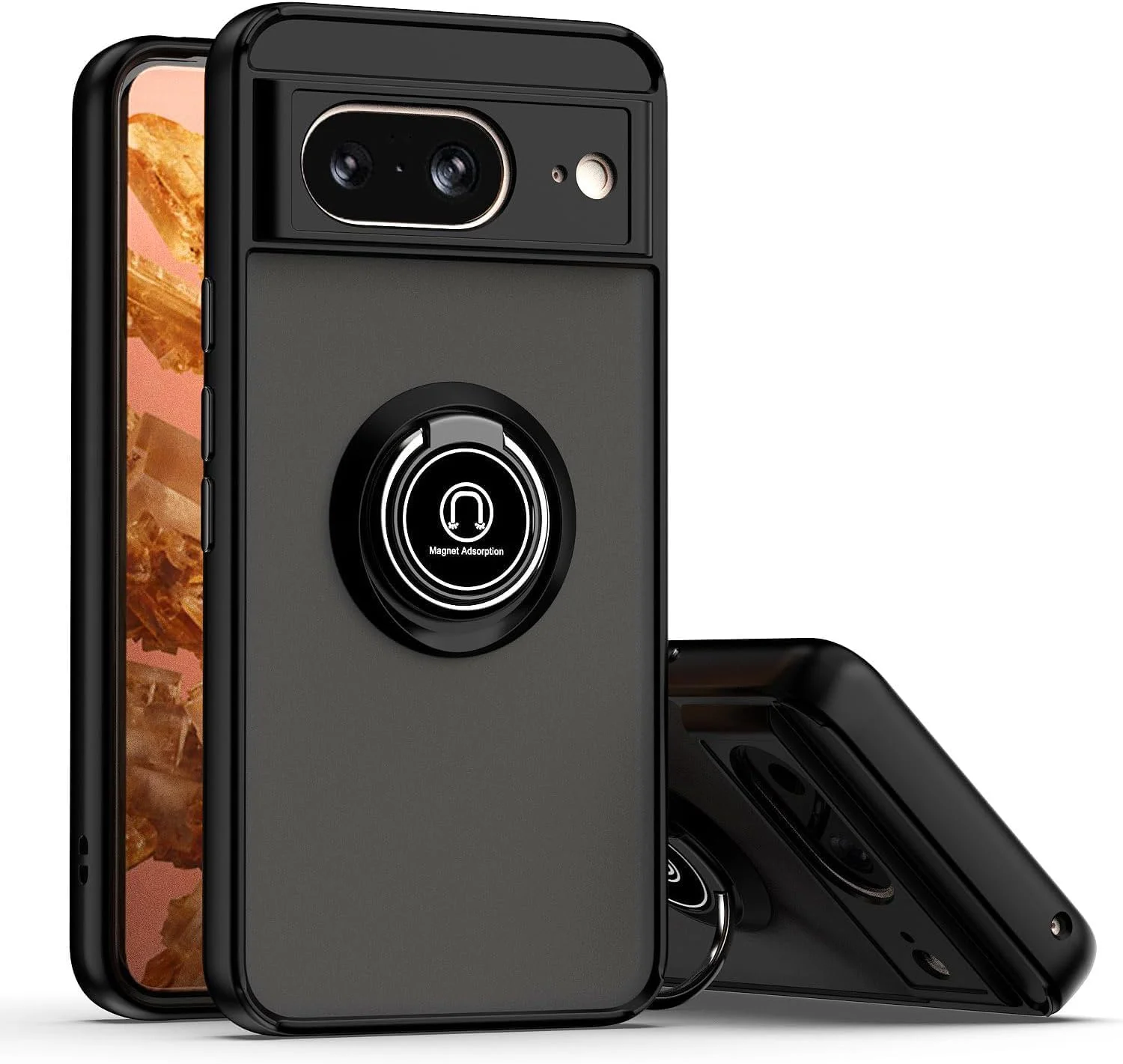 قاب محافظ ضد ضربه Zubitech برای گوگل پیکسل 8، قاب گوشی زرهی حلقه مغناطیسی با [پایه تاشو]، قاب مات یخ زده، سبک وزن با جذب ضربه درجه نظامی (مشکی، پیکسل 8)