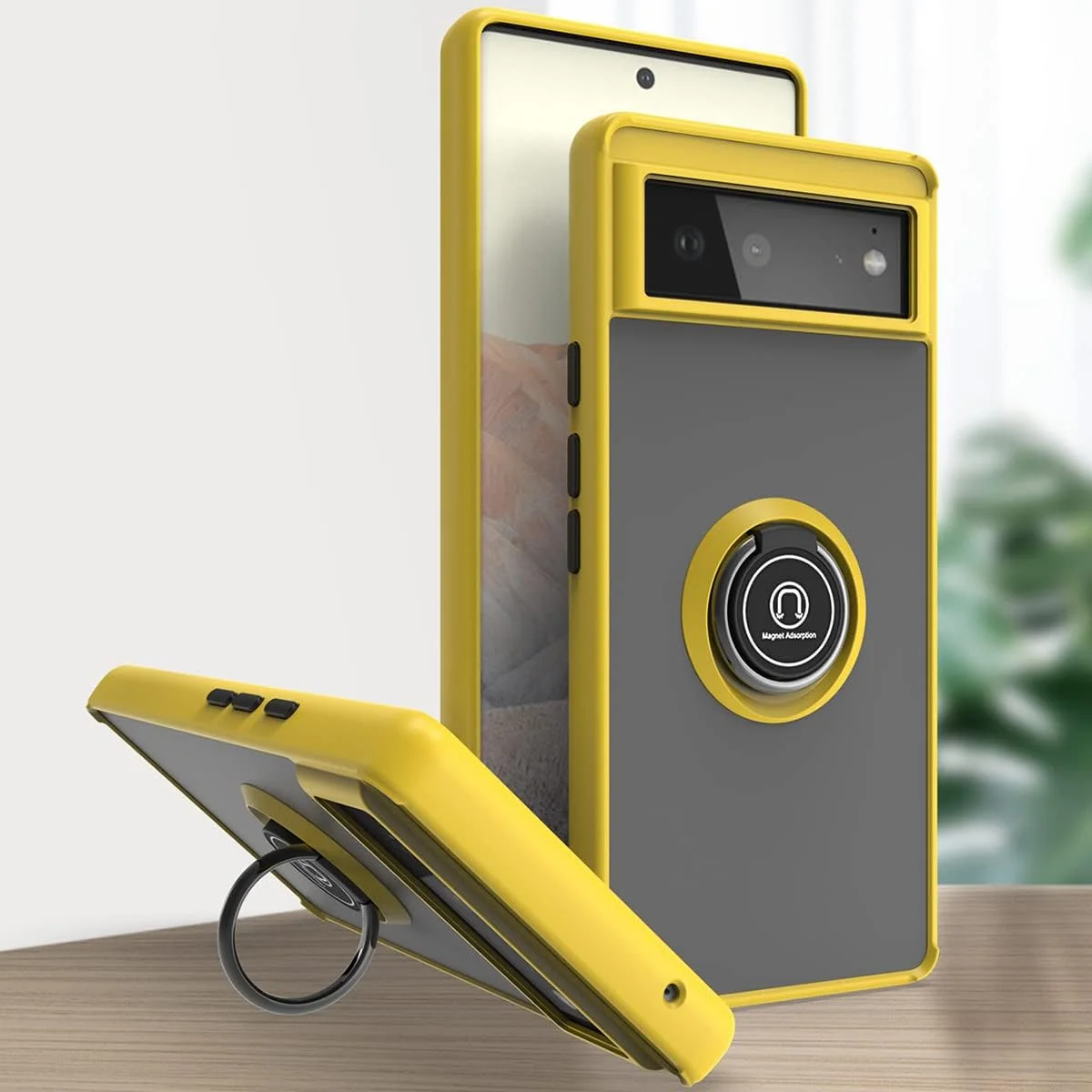 قاب گوشی گوگل پیکسل 6 Eabhulie، کاور پشتی نیمه شفاف با سپر نرم و پایه نگهدارنده انگشتی، زرد