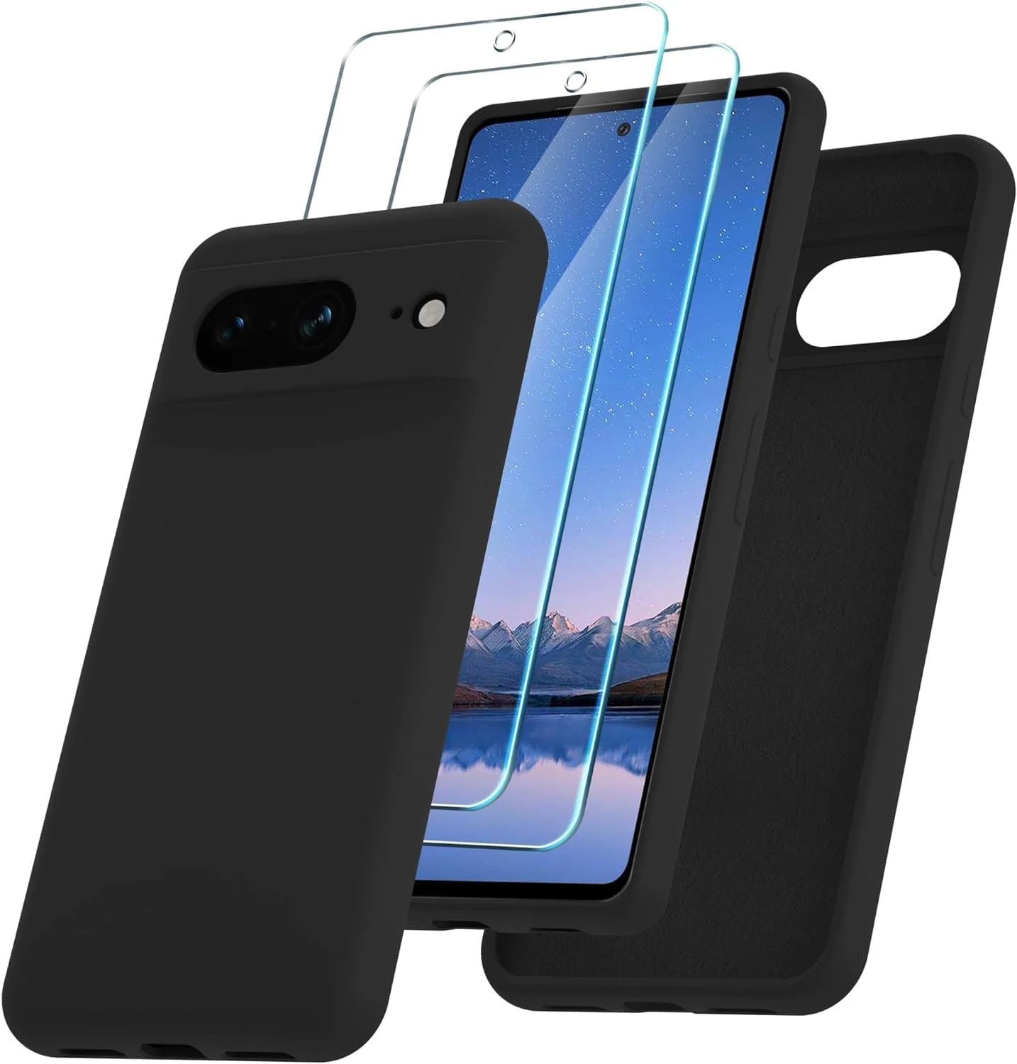 قاب سیلیکونی گوشی گوگل پیکسل 8 به همراه 2 محافظ صفحه نمایش - پوشش نرم ضد خش با آستر میکروفایبر - پوشش کامل ضد ضربه، باریک و سازگار با شارژ بی سیم (مشکی)