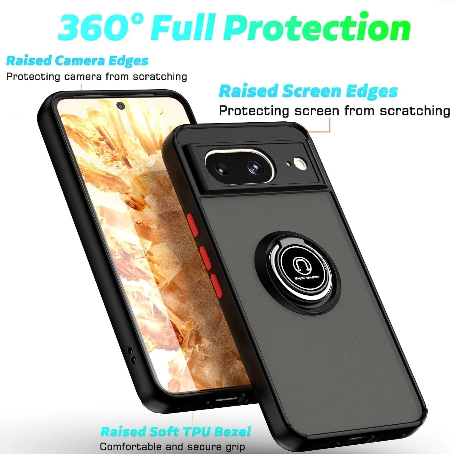 قاب محافظ ضد ضربه Zubitech برای گوگل پیکسل 8، قاب گوشی زرهی حلقه مغناطیسی با [پایه تاشو]، قاب مات یخ زده، سبک وزن با جذب ضربه درجه نظامی (مشکی، پیکسل 8)