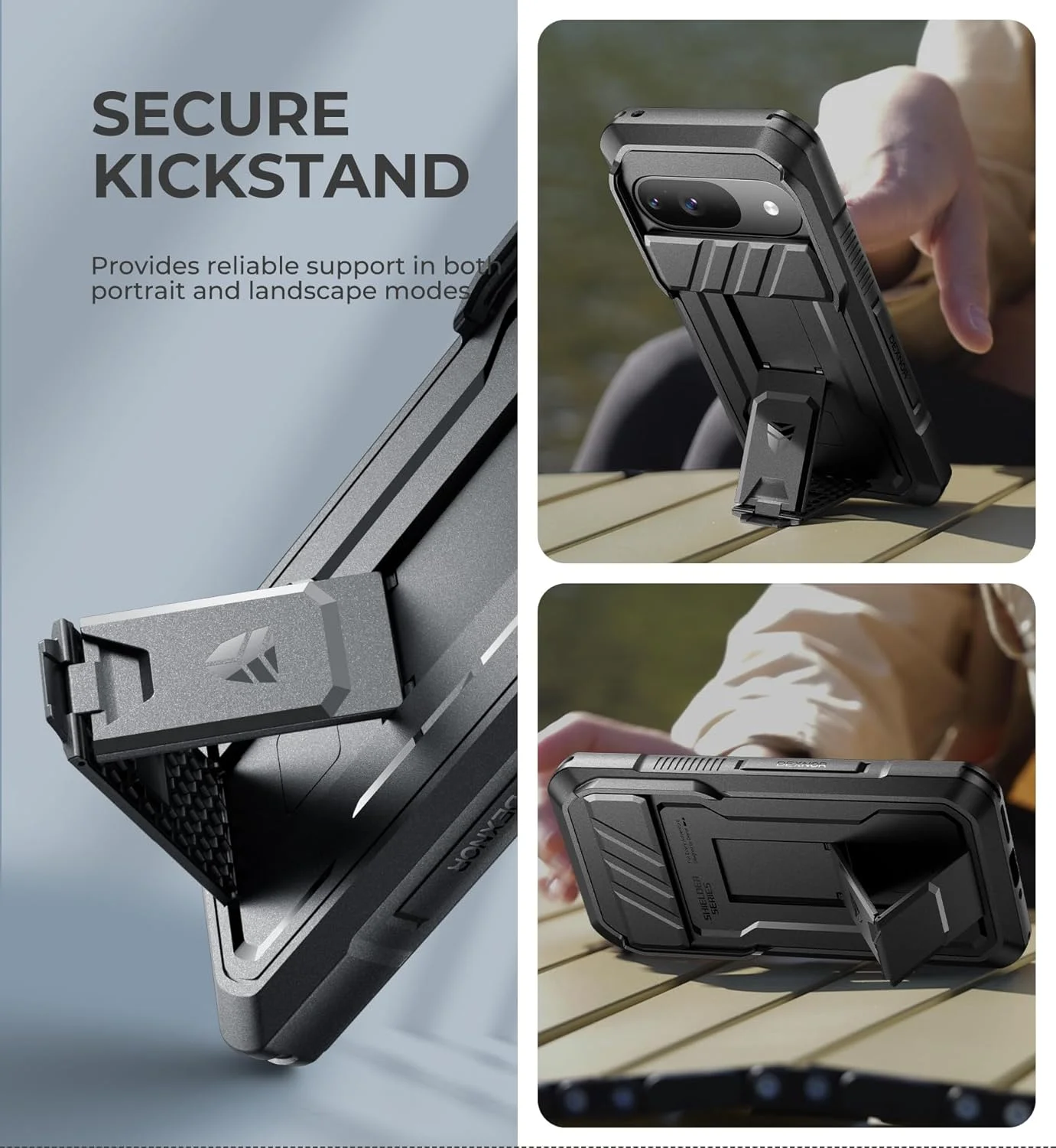 محافظ گوشی Dexnor برای گوگل پیکسل 9 با پوشش کشویی دوربین، محافظ صفحه نمایش و پایه نگهدارنده، محافظ ضربه گیر مقاوم و بادوام - مشکی