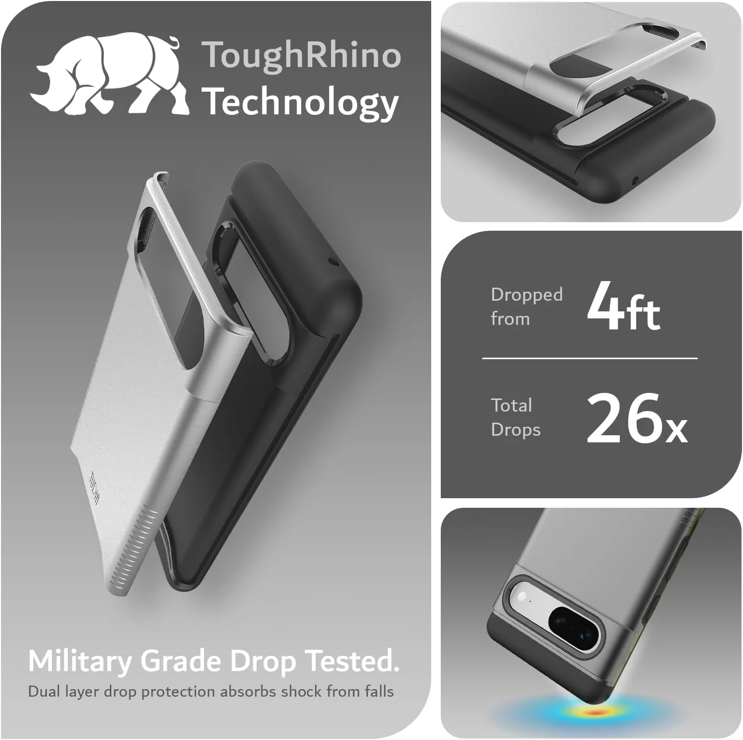 کاور محافظ دوگانه TUDIA مدل DualShield مناسب برای گوشی گوگل پیکسل 7، [ادغام] محافظت دو لایه ضد ضربه، مقاوم و باریک با درجه نظامی برای کاور گوشی پیکسل 7 (رنگ خاکستری متالیک)