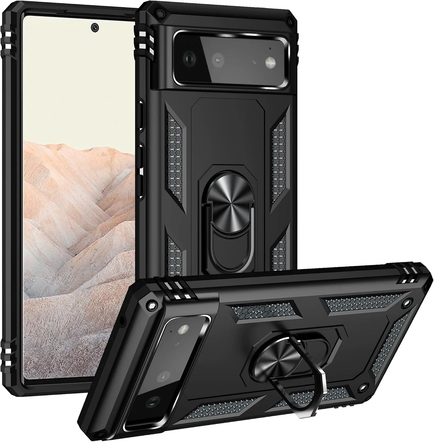 قاب محافظ گوشی گوگل پیکسل 6، حلقه نگهدارنده، سیلیکونی محافظ ضد ضربه، پوشش سخت و مقاوم، مشکی