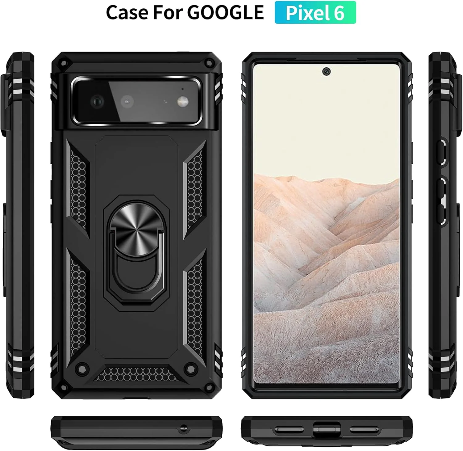 قاب محافظ گوشی گوگل پیکسل 6، حلقه نگهدارنده، سیلیکونی محافظ ضد ضربه، پوشش سخت و مقاوم، مشکی