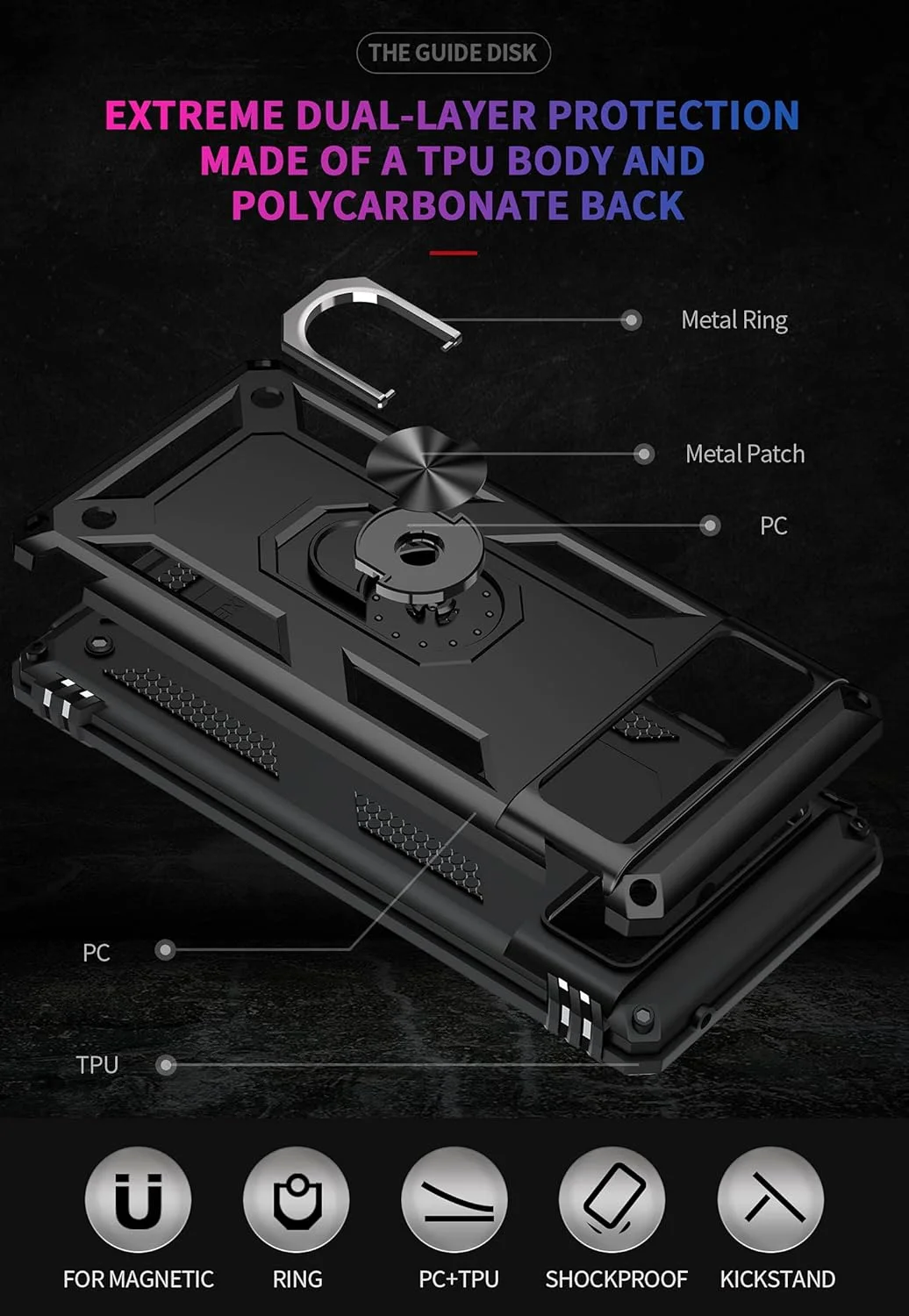 قاب محافظ گوشی گوگل پیکسل 6، حلقه نگهدارنده، سیلیکونی محافظ ضد ضربه، پوشش سخت و مقاوم، مشکی