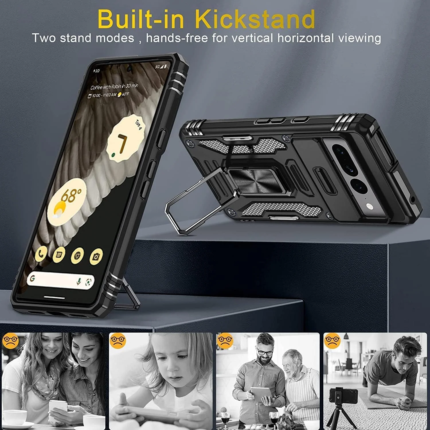 قاب گوشی گوگل پیکسل 7a ELEPIK با پوشش دوربین، پایه انگشتی [2 حالت استند، افقی یا عمودی]، قاب محافظ سنگین و مقاوم برای گوگل پیکسل 7a (مشکی)