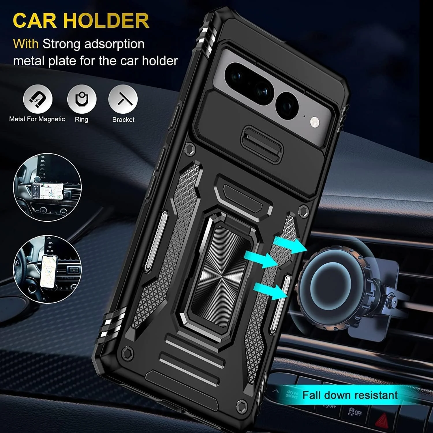 قاب گوشی گوگل پیکسل 7a ELEPIK با پوشش دوربین، پایه انگشتی [2 حالت استند، افقی یا عمودی]، قاب محافظ سنگین و مقاوم برای گوگل پیکسل 7a (مشکی)