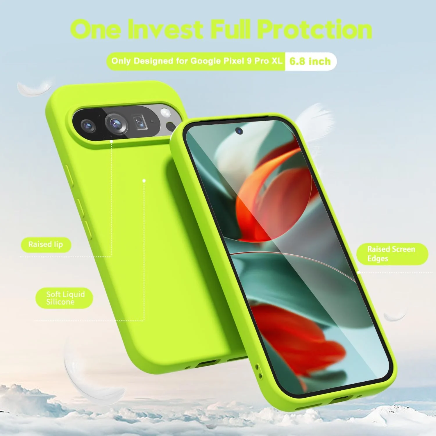 کاور سیلیکونی مایع اوککسکو برای گوشی گوگل پیکسل 9 پرو XL، رنگ نئونی روشن، نازک و سبک، ژله‌ای لاستیکی نرم، پوشش محافظ ساده و مات TPU برای دختران و بانوان، سبز لیمویی نئونی